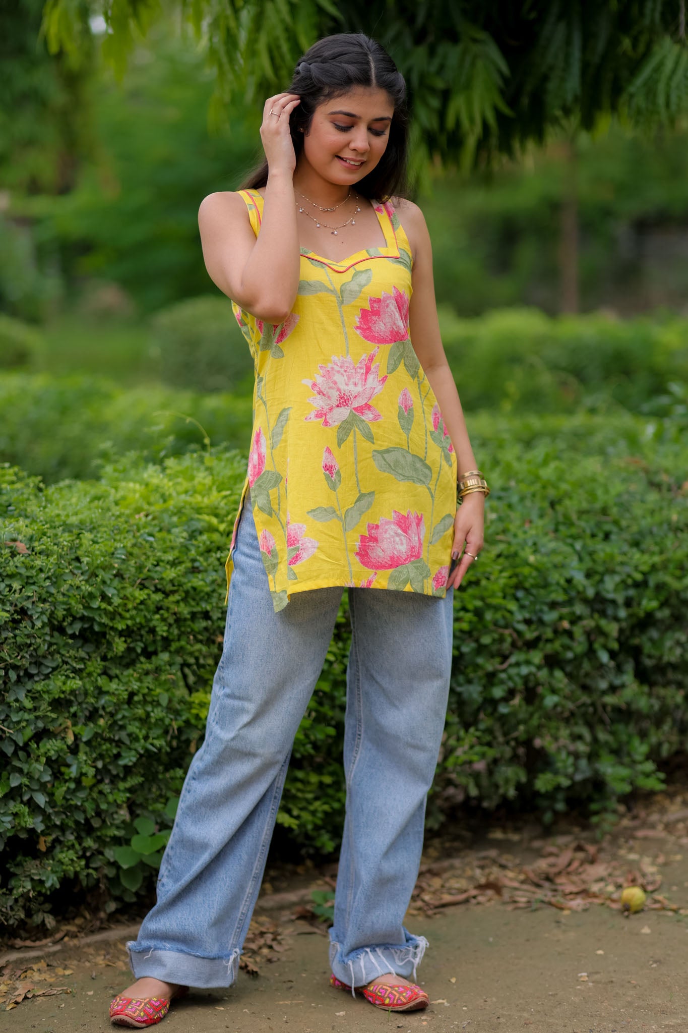 Readymade Deep Back Tassel Short Kurti-Yellow