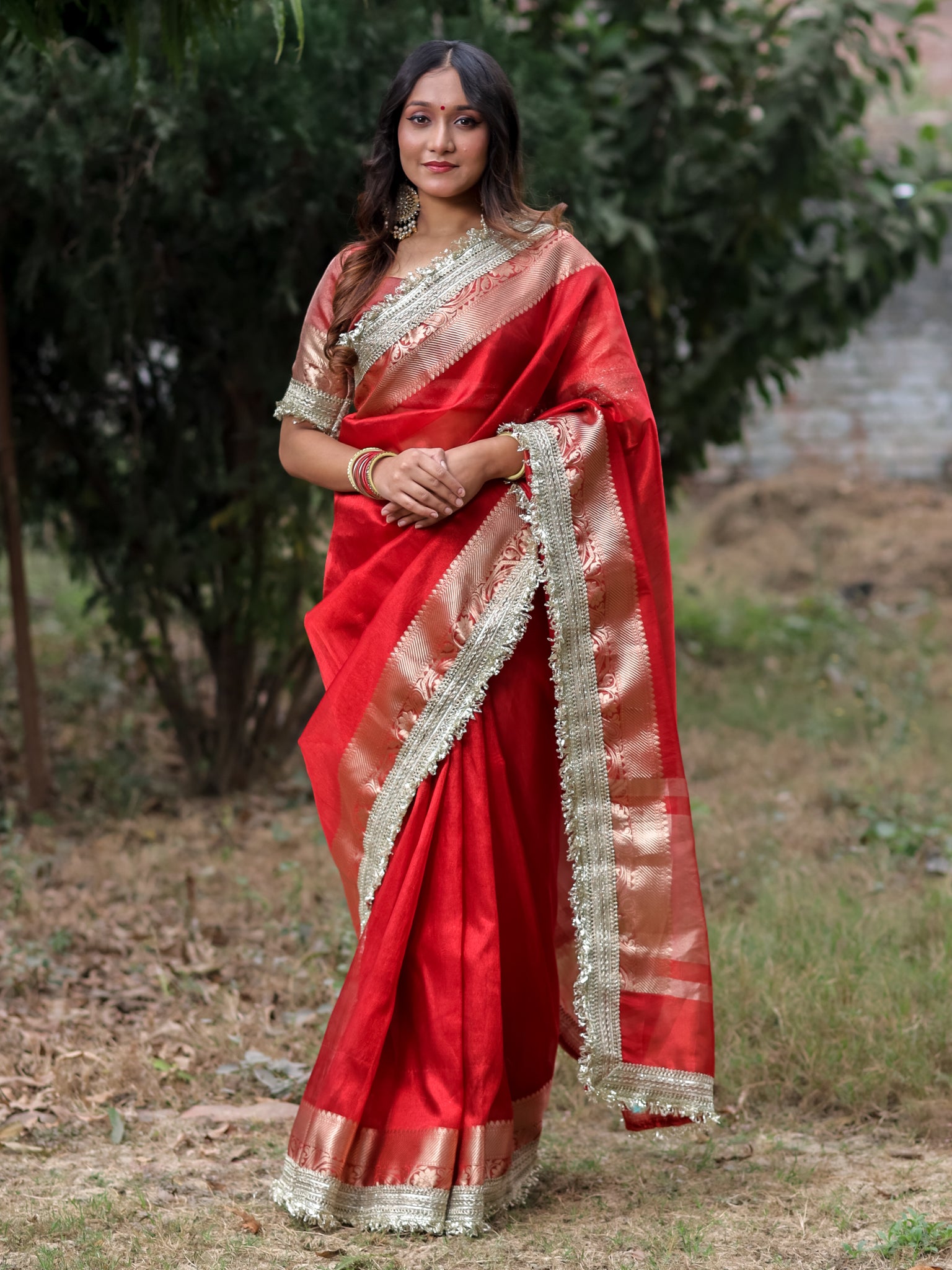 Banarasi Tissue Saree With Silver Zari & Border - Red