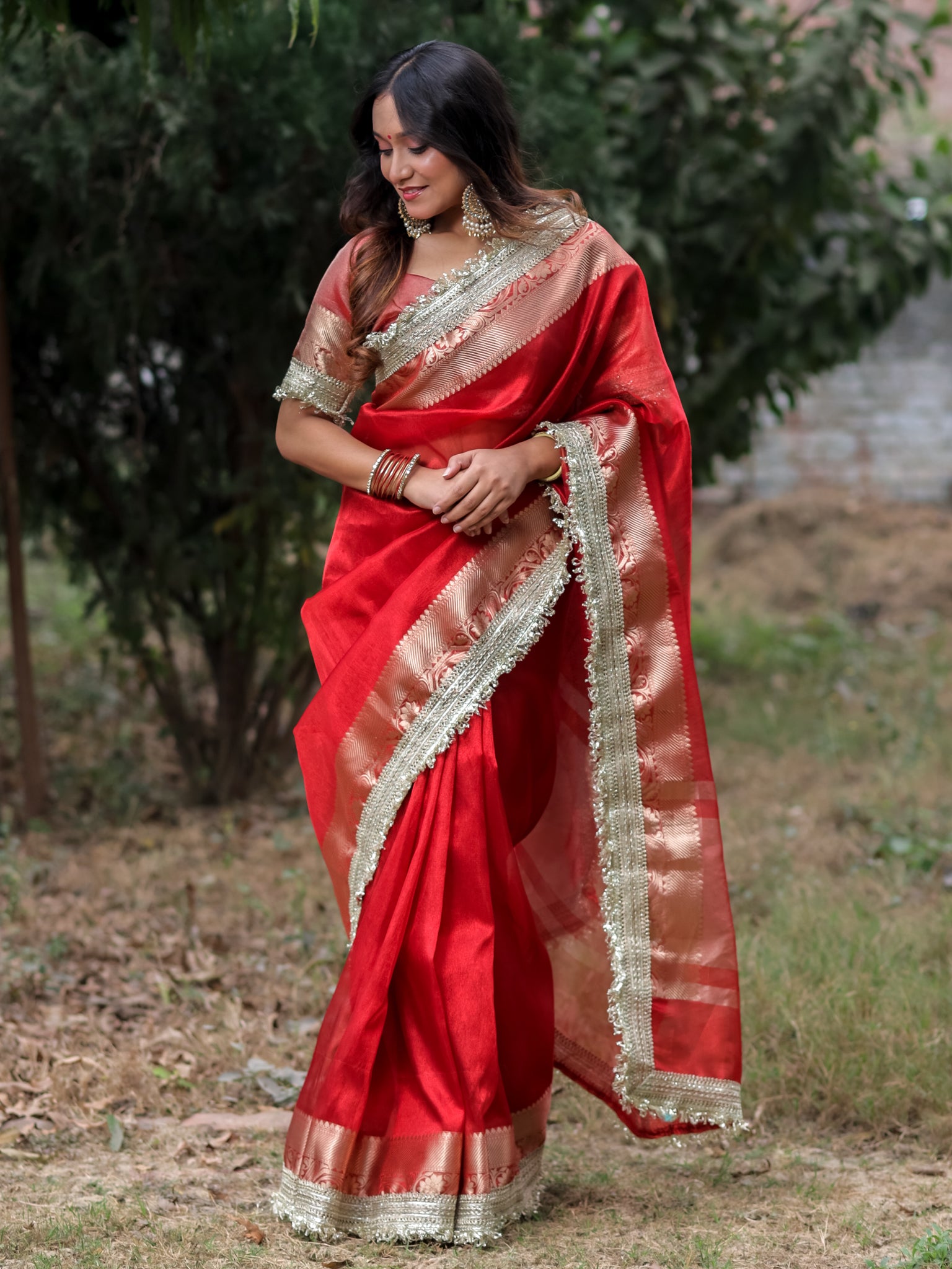 Banarasi Tissue Saree With Silver Zari & Border - Red