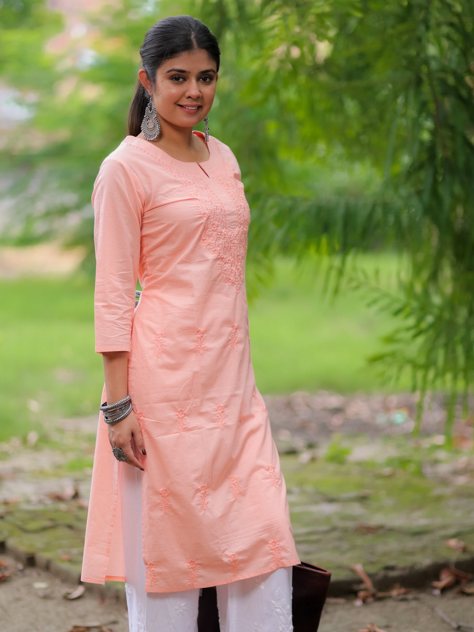 Readymade Embroidered Cotton Kurti- Peach