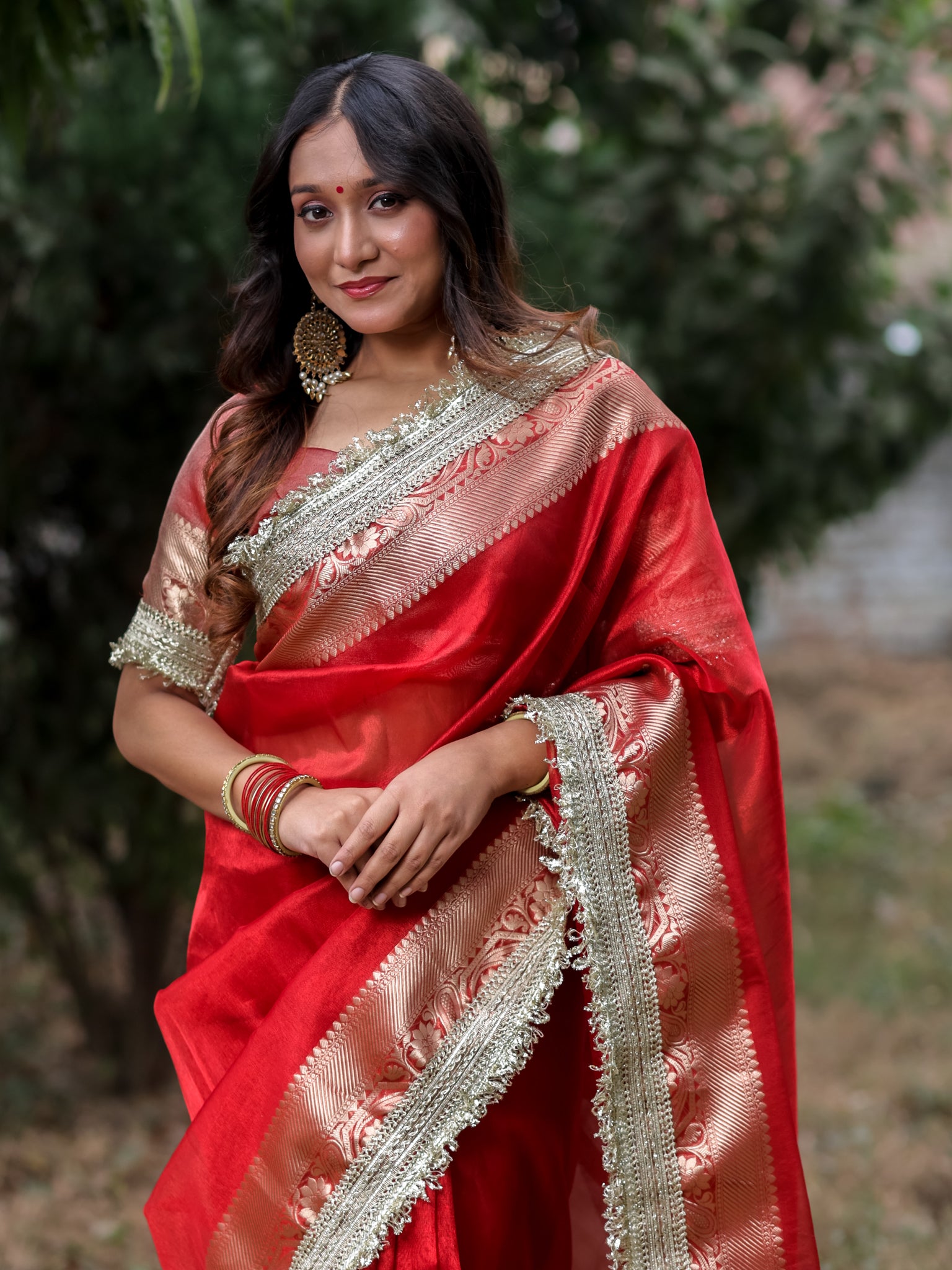 Banarasi Tissue Saree With Silver Zari & Border - Red