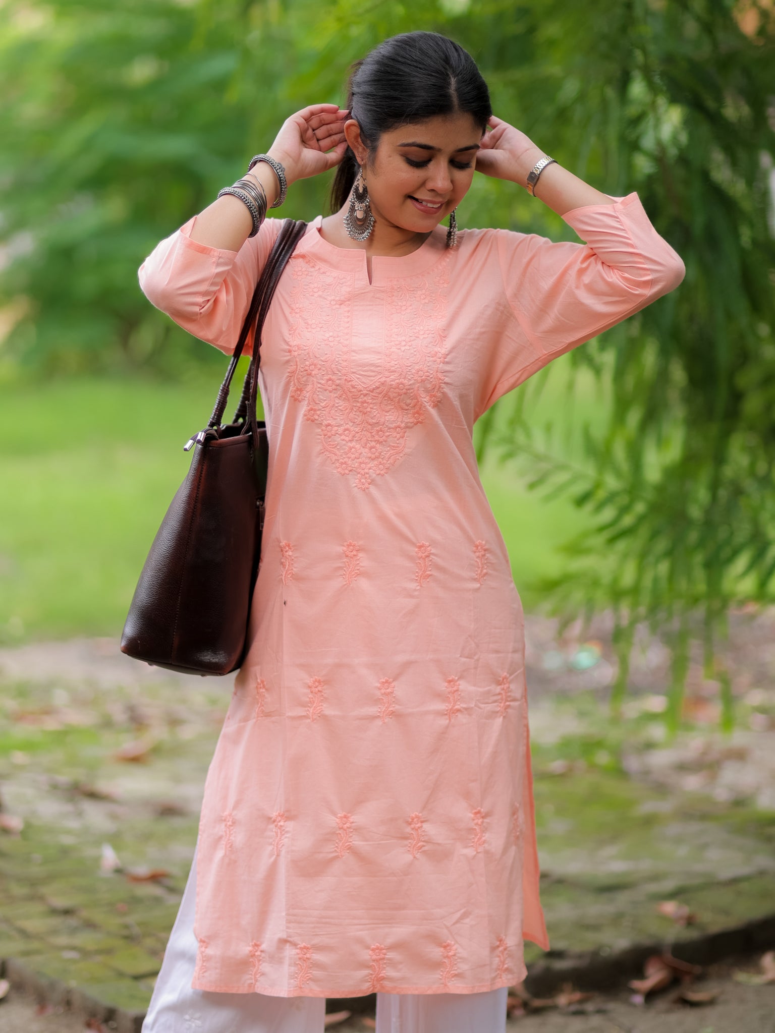 Readymade Embroidered Cotton Kurti- Peach