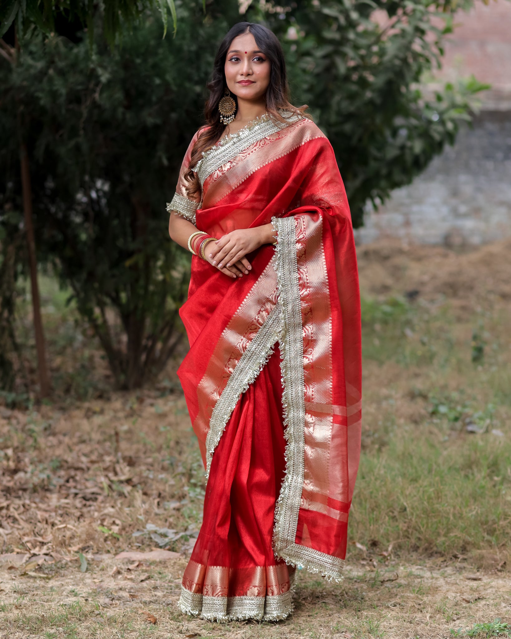 Banarasi Tissue Saree With Silver Zari & Border - Red