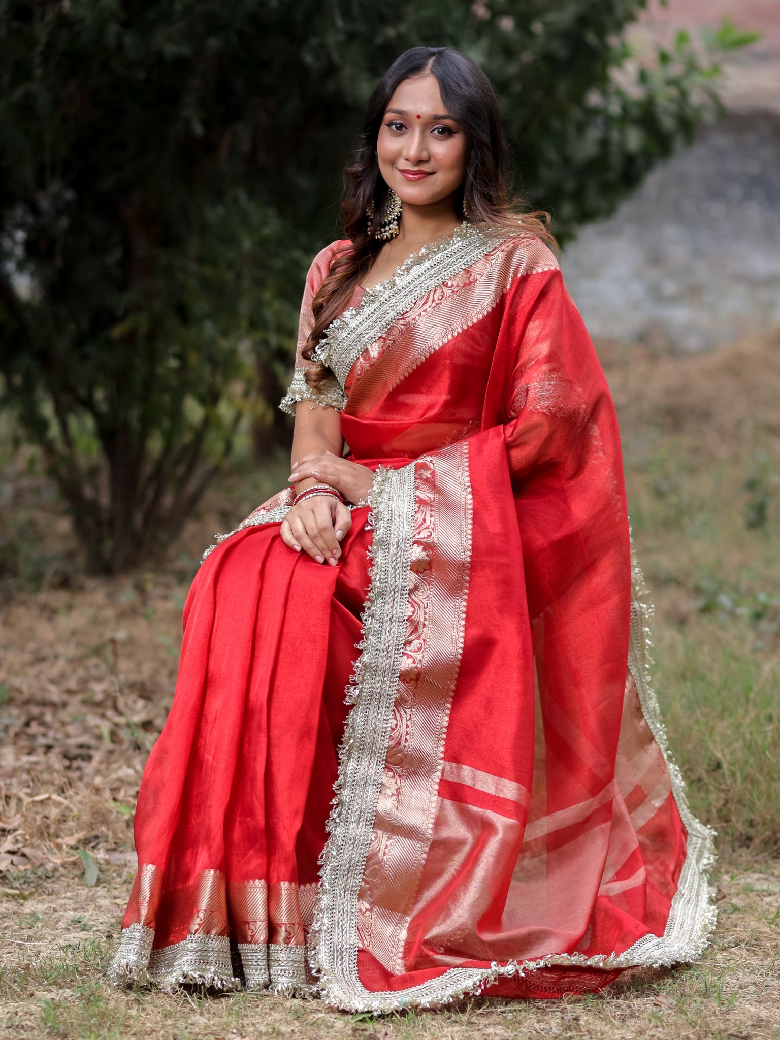 Banarasi Tissue Saree With Silver Zari & Border - Red