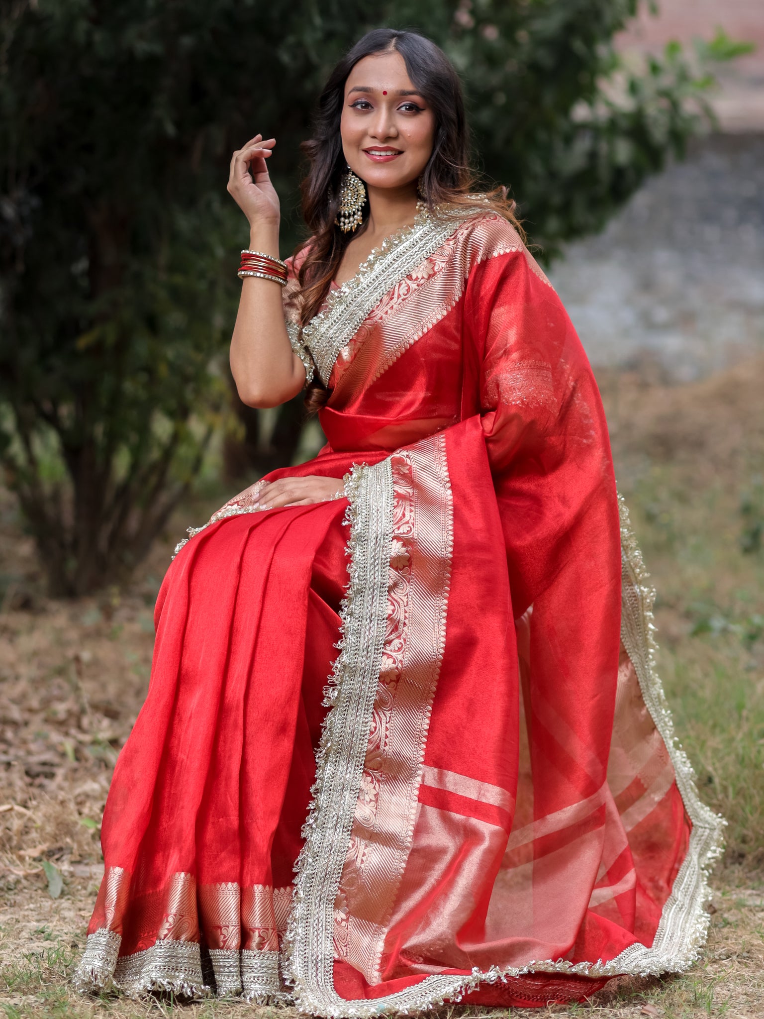 Banarasi Tissue Saree With Silver Zari & Border - Red