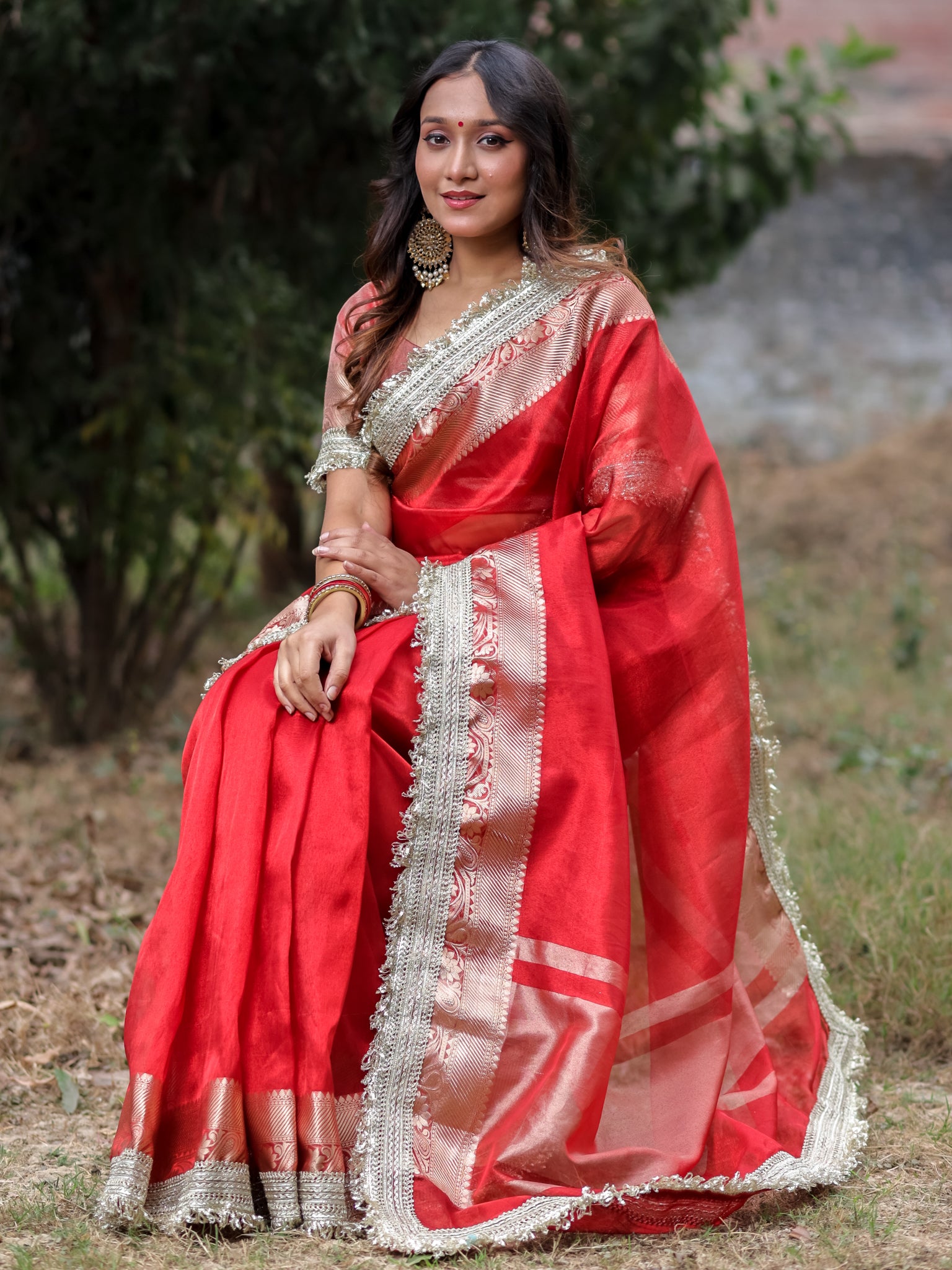 Banarasi Tissue Saree With Silver Zari & Border - Red