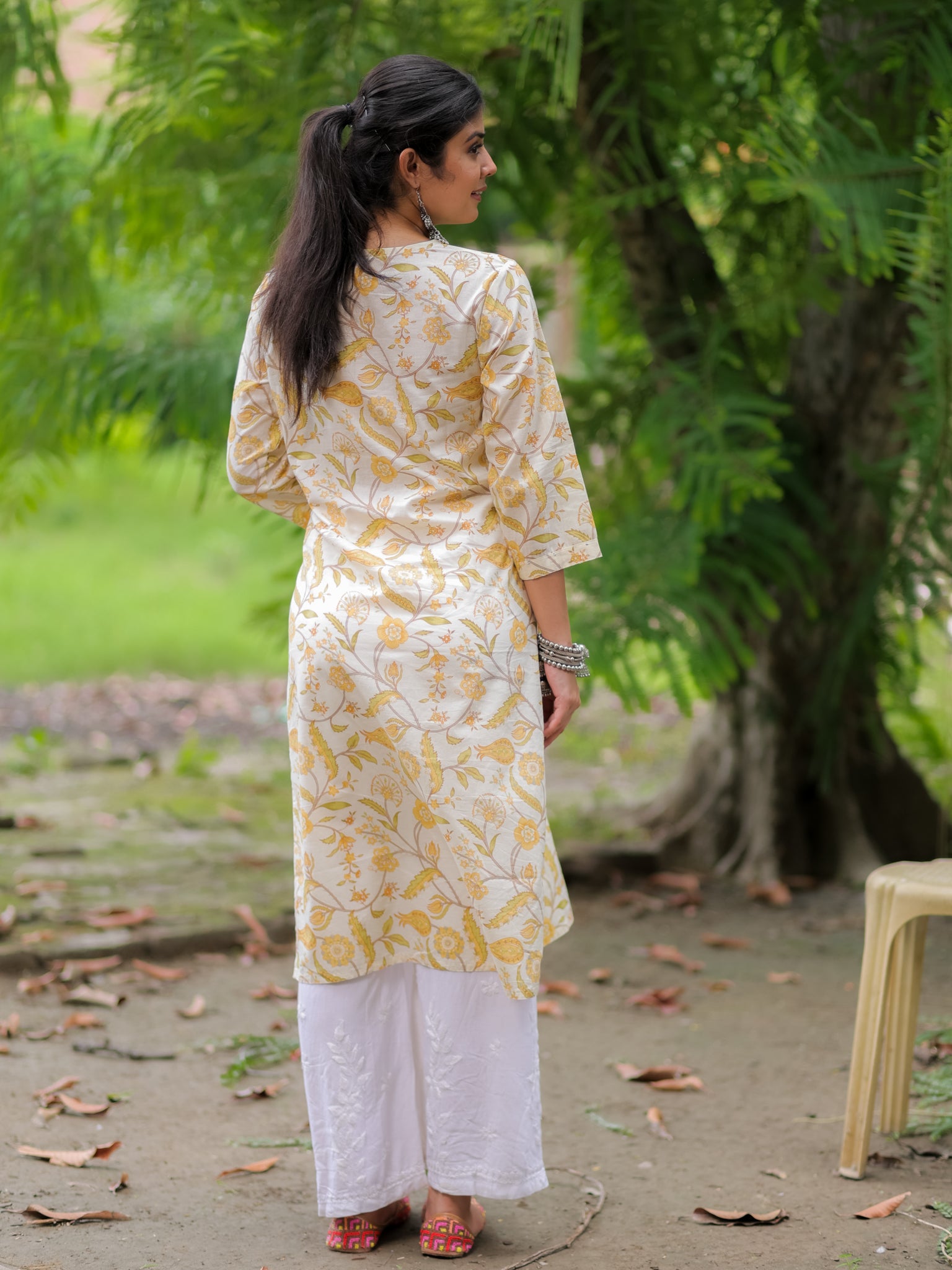 Readymade Floral Print Cotton Kurti- Off White