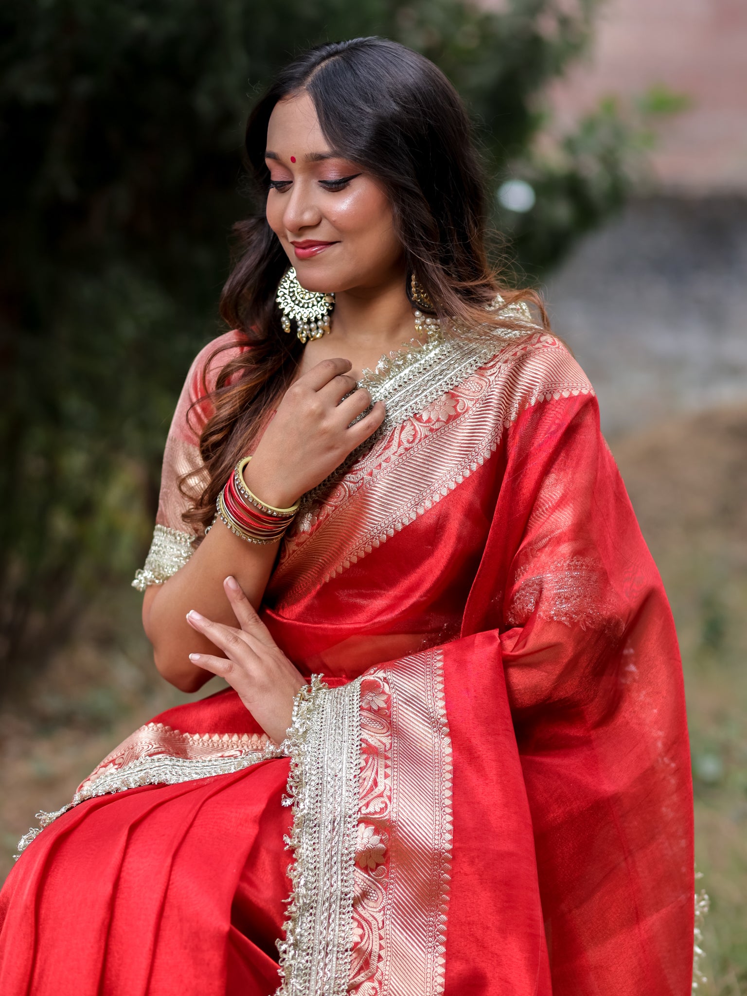 Banarasi Tissue Saree With Silver Zari & Border - Red