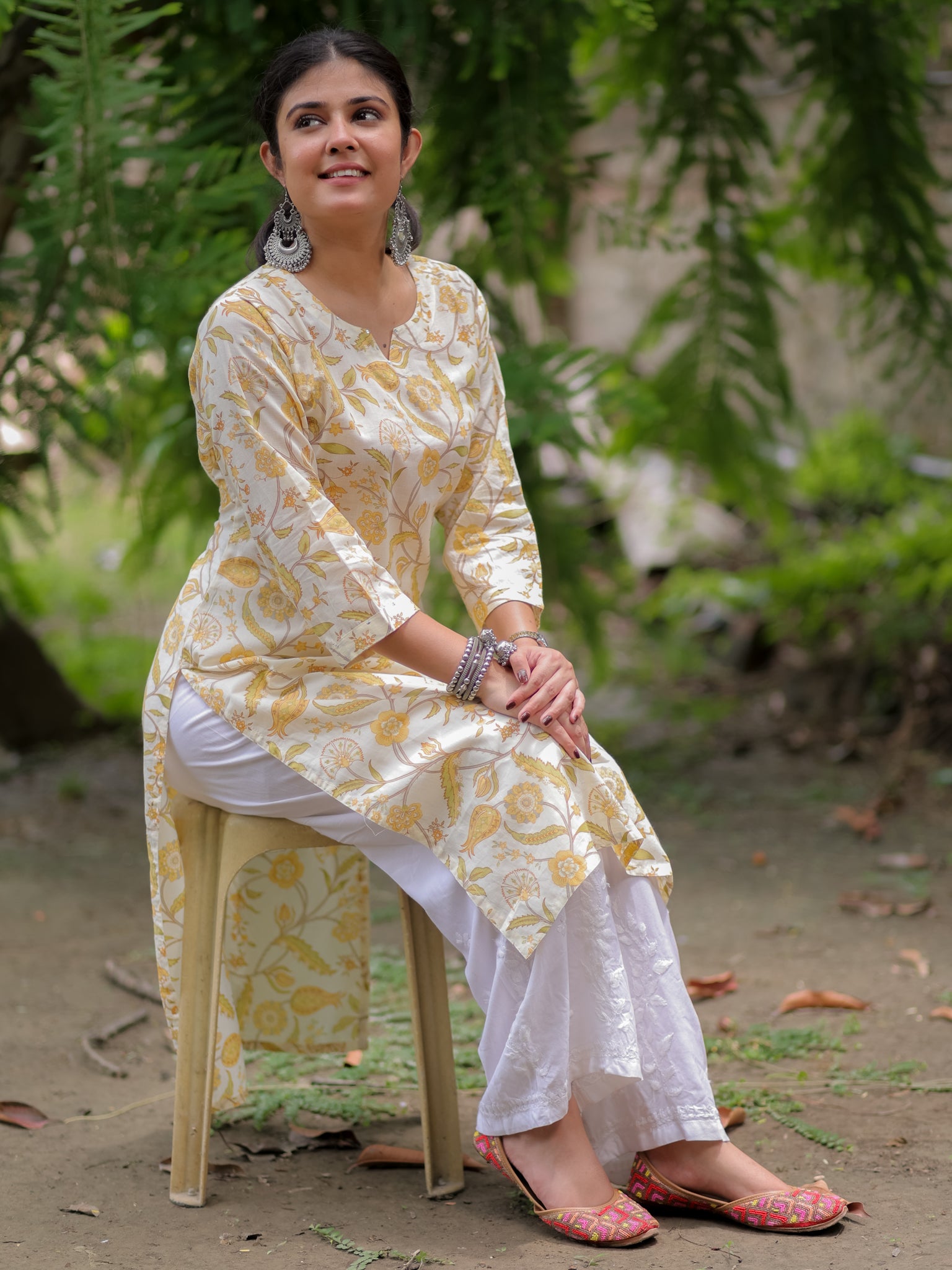 Readymade Floral Print Cotton Kurti- Off White
