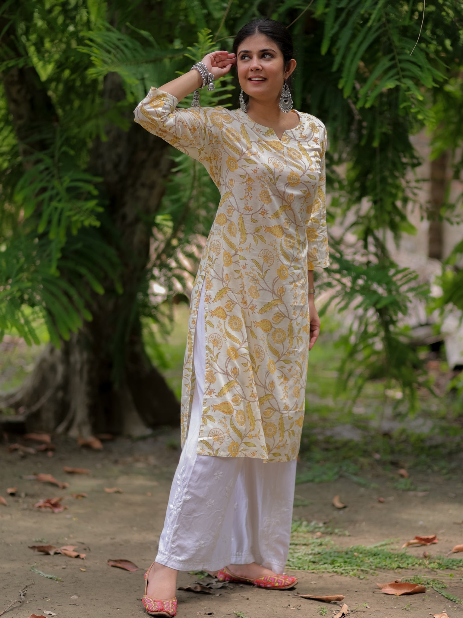 Readymade Floral Print Cotton Kurti- Off White