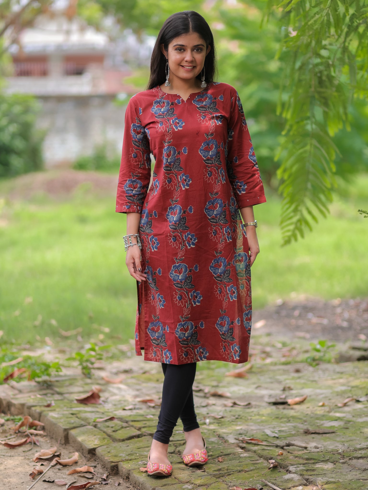 Readymade Floral Print Cotton Kurti- Maroon