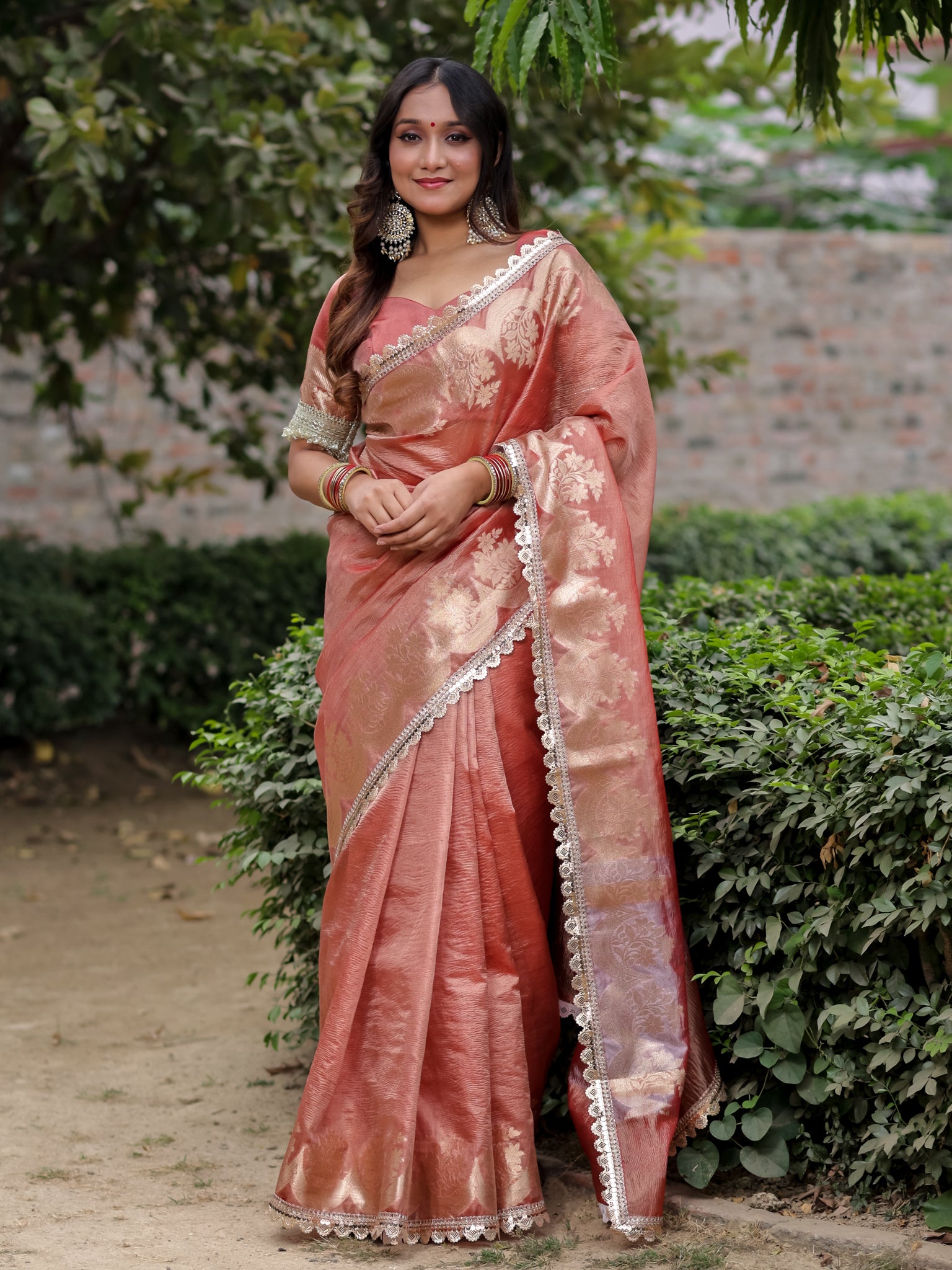 Banarasi Crushed Tissue Saree With Silver Zari Border & Lace- Peach