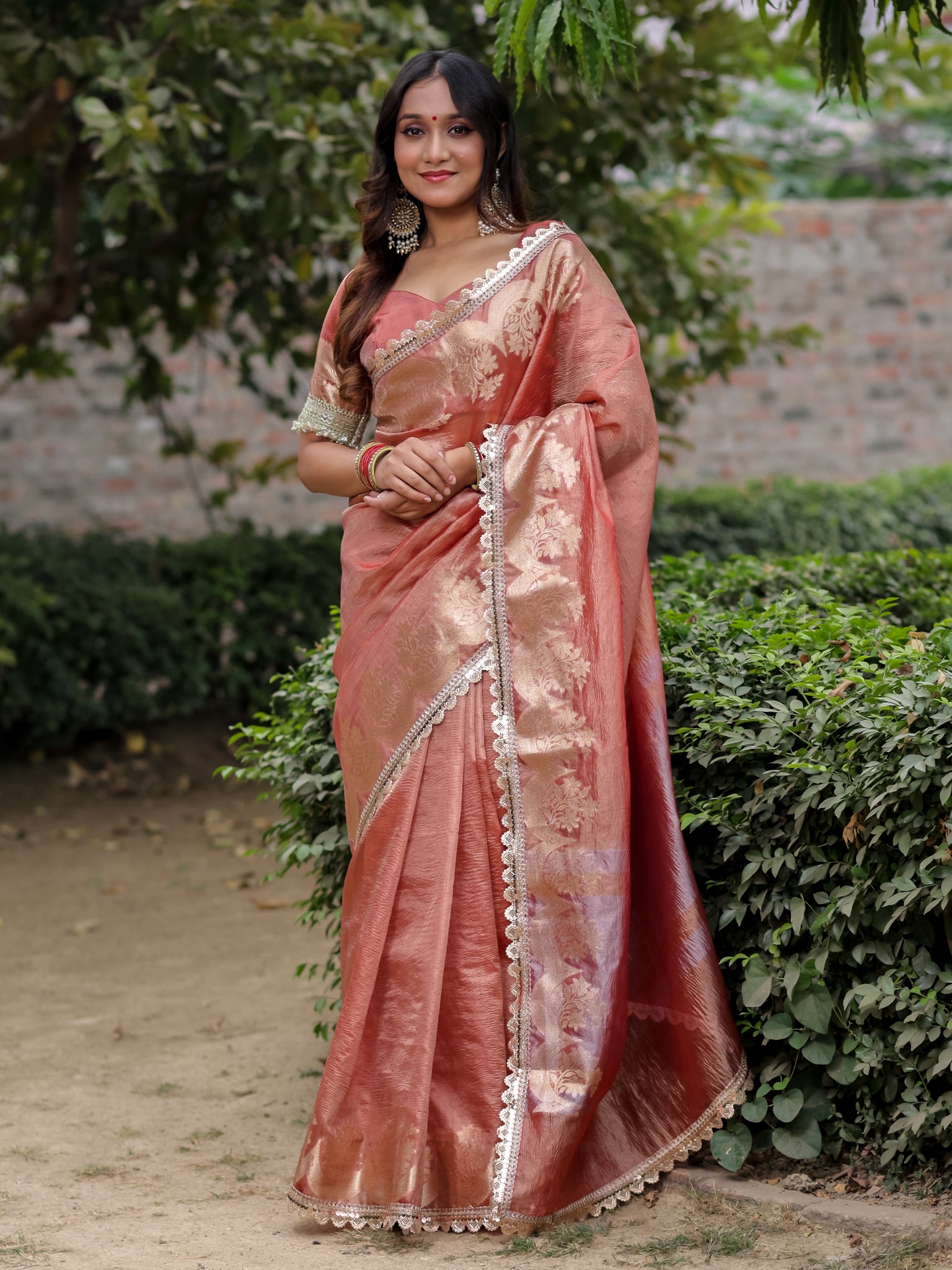 Banarasi Crushed Tissue Saree With Silver Zari Border & Lace- Peach