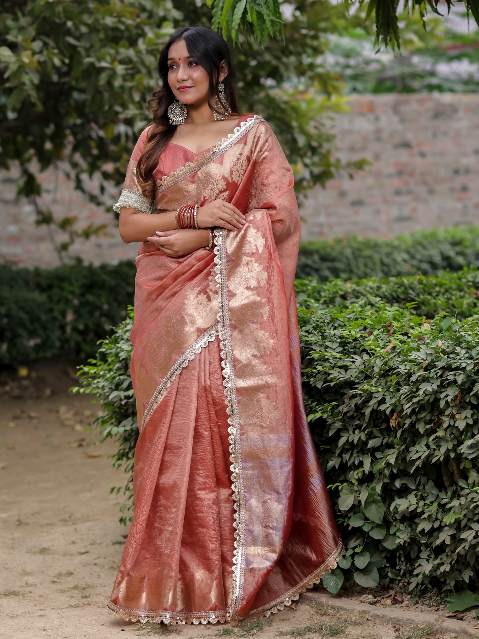 Banarasi Crushed Tissue Saree With Silver Zari Border & Lace- Peach