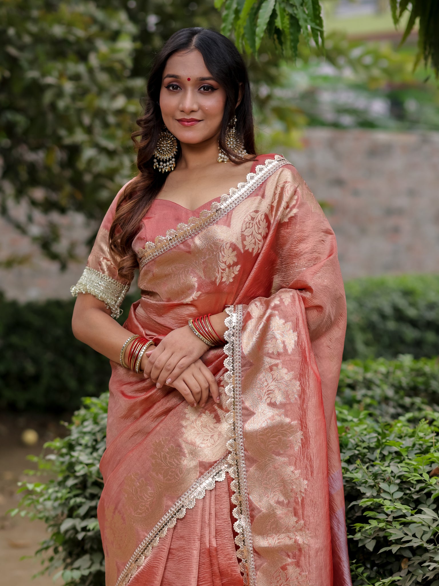 Banarasi Crushed Tissue Saree With Silver Zari Border & Lace- Peach