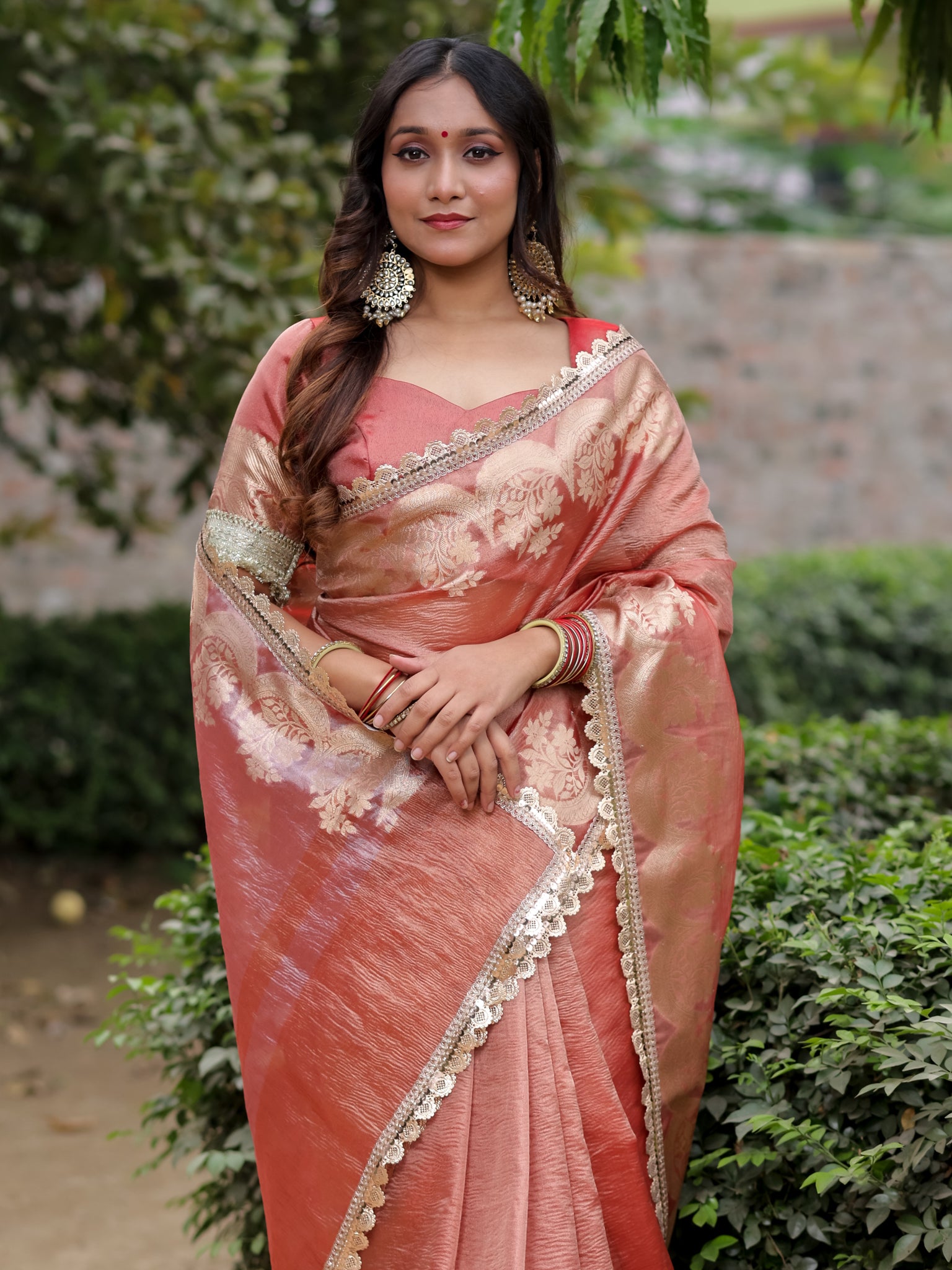 Banarasi Crushed Tissue Saree With Silver Zari Border & Lace- Peach