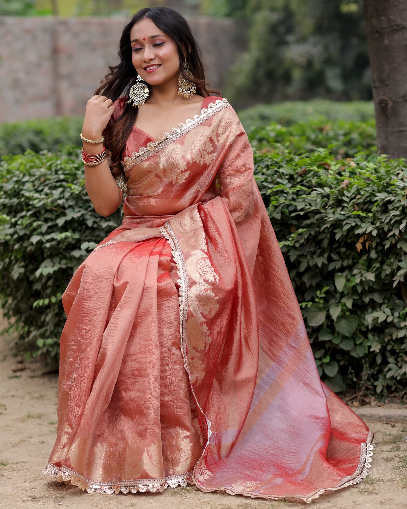 Banarasi Crushed Tissue Saree With Silver Zari Border & Lace- Peach