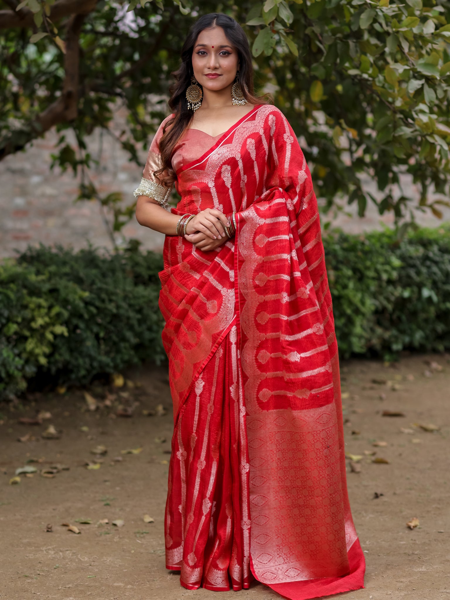 Banarasi Crushed Tissue Saree With Silver Zari & Scallop Border - Red