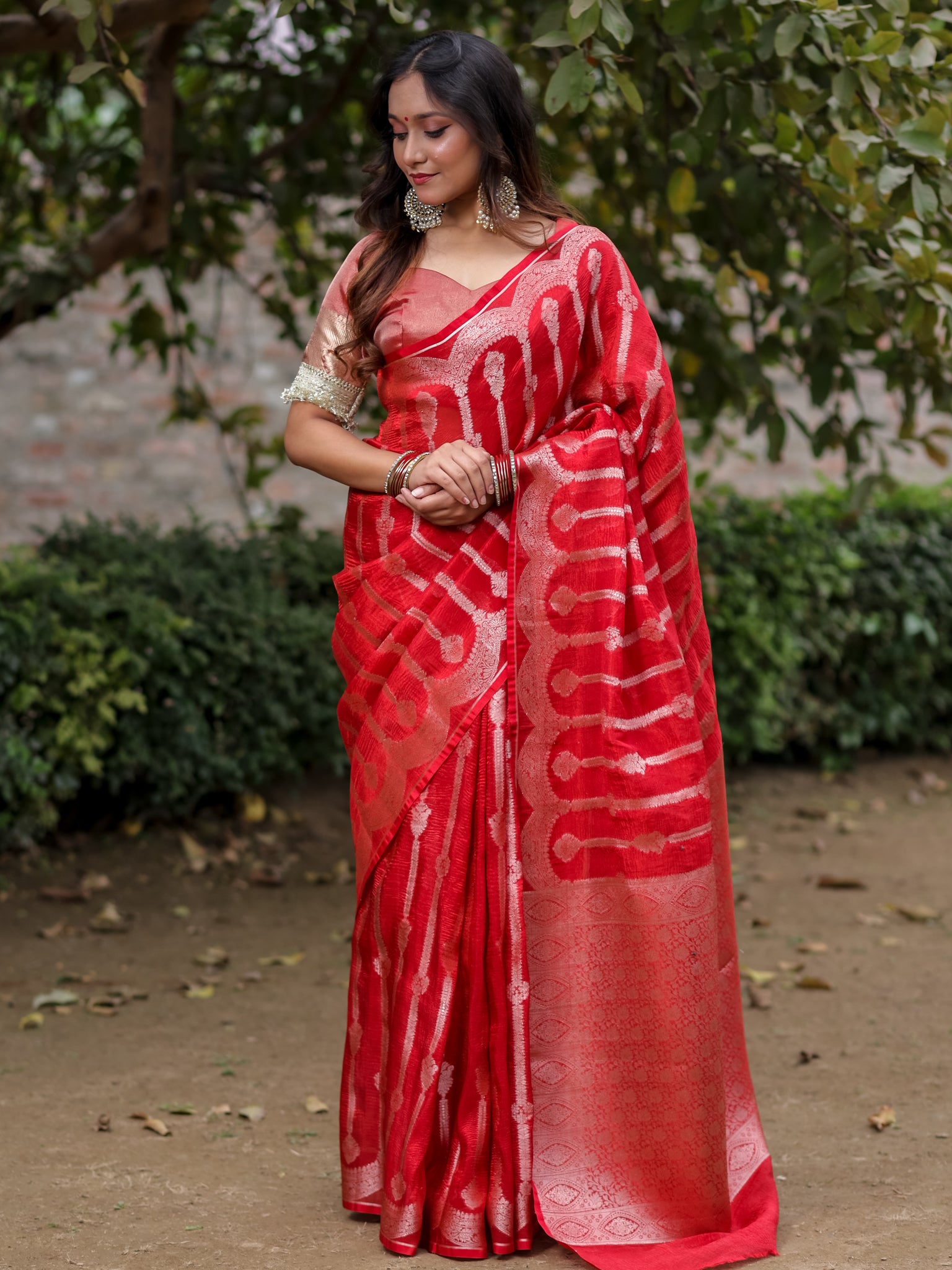 Banarasi Crushed Tissue Saree With Silver Zari & Scallop Border - Red