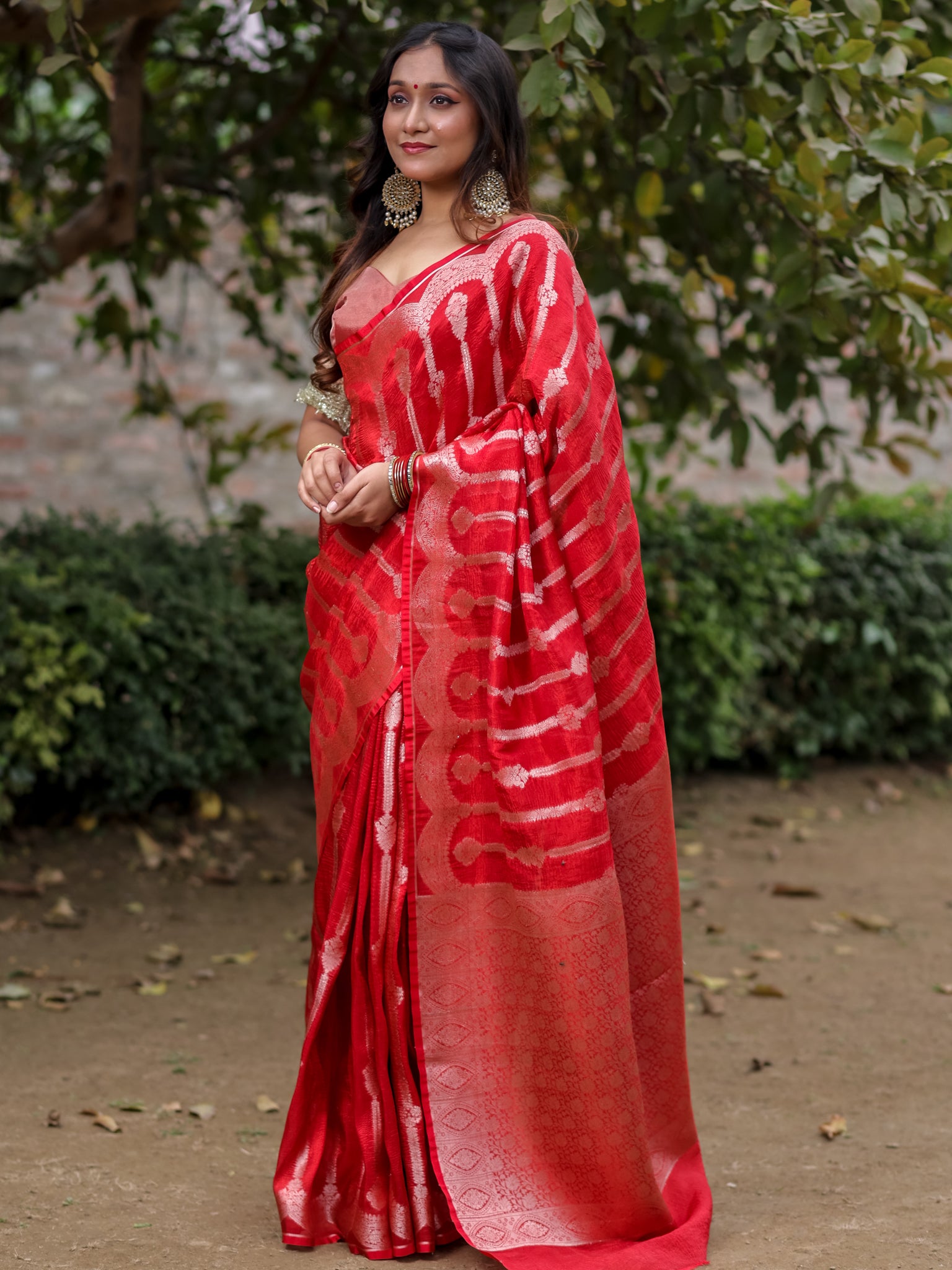 Banarasi Crushed Tissue Saree With Silver Zari & Scallop Border - Red