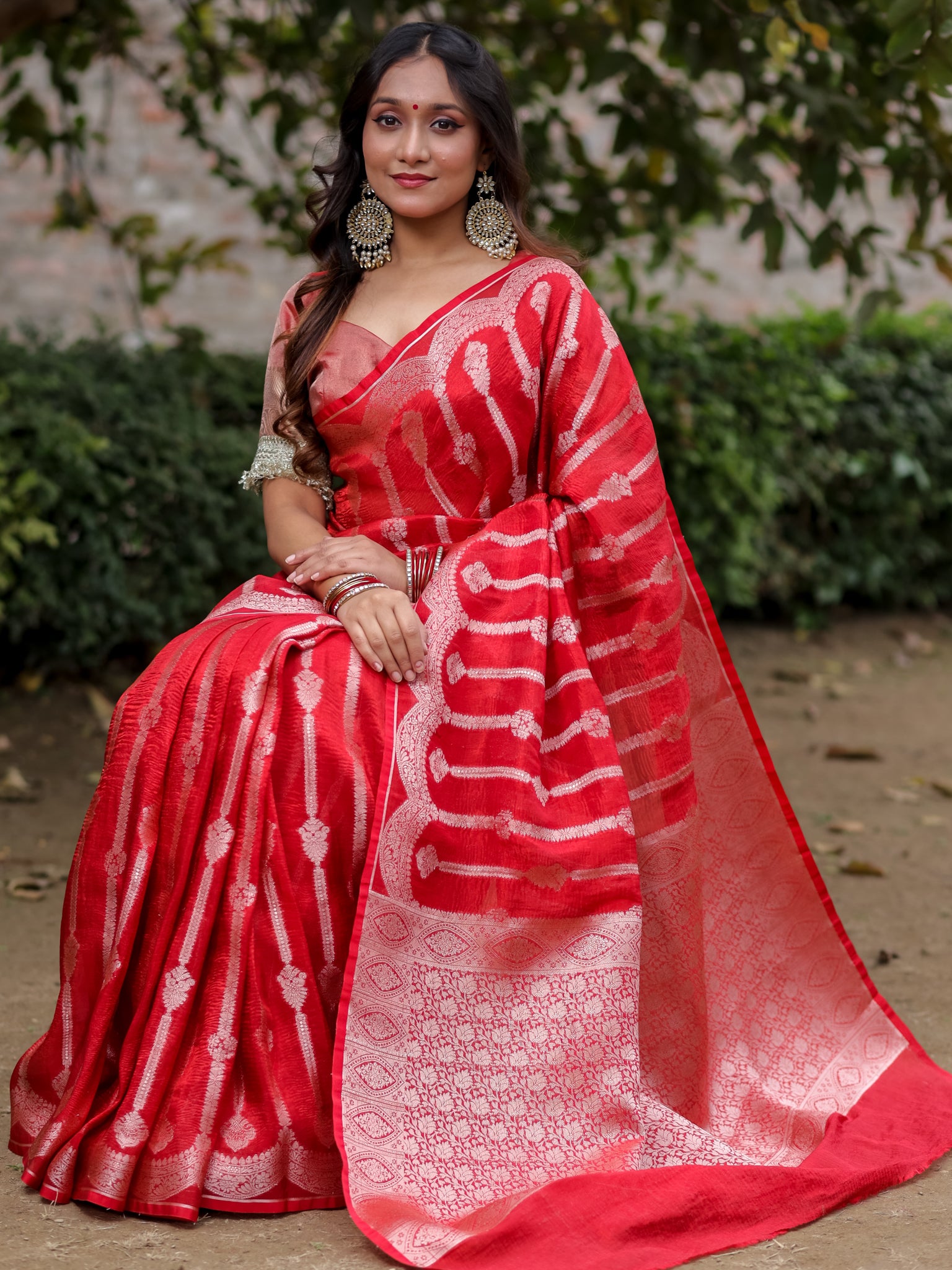 Banarasi Crushed Tissue Saree With Silver Zari & Scallop Border - Red