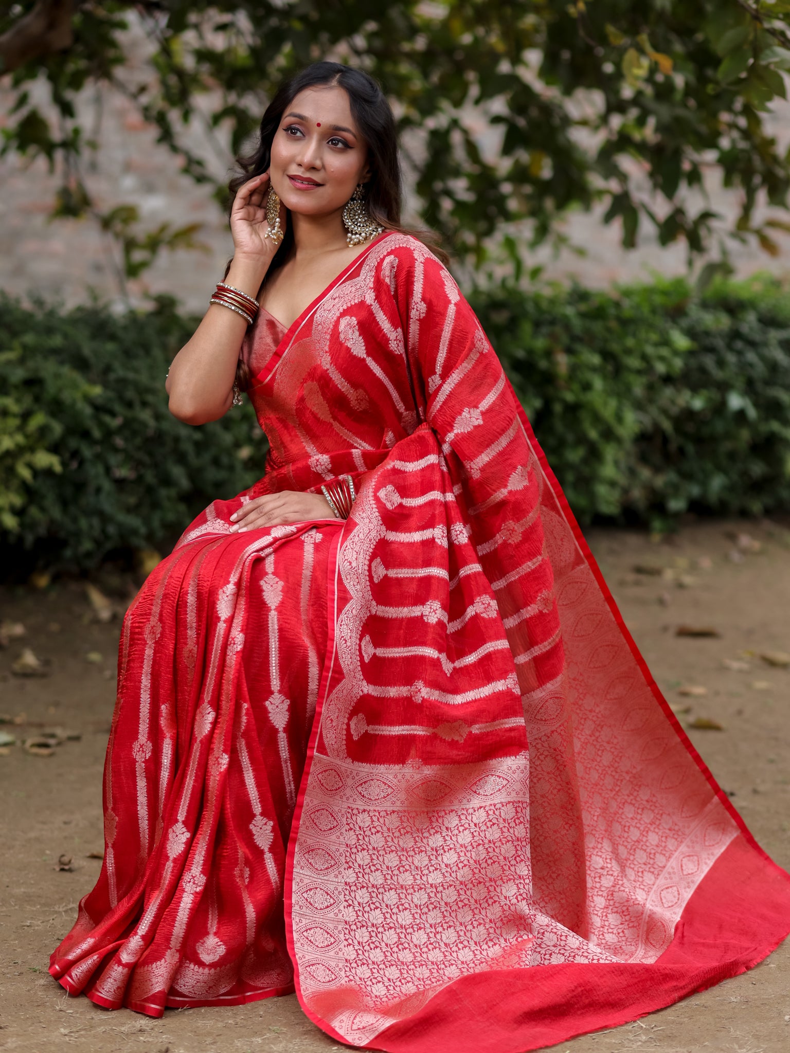 Banarasi Crushed Tissue Saree With Silver Zari & Scallop Border - Red