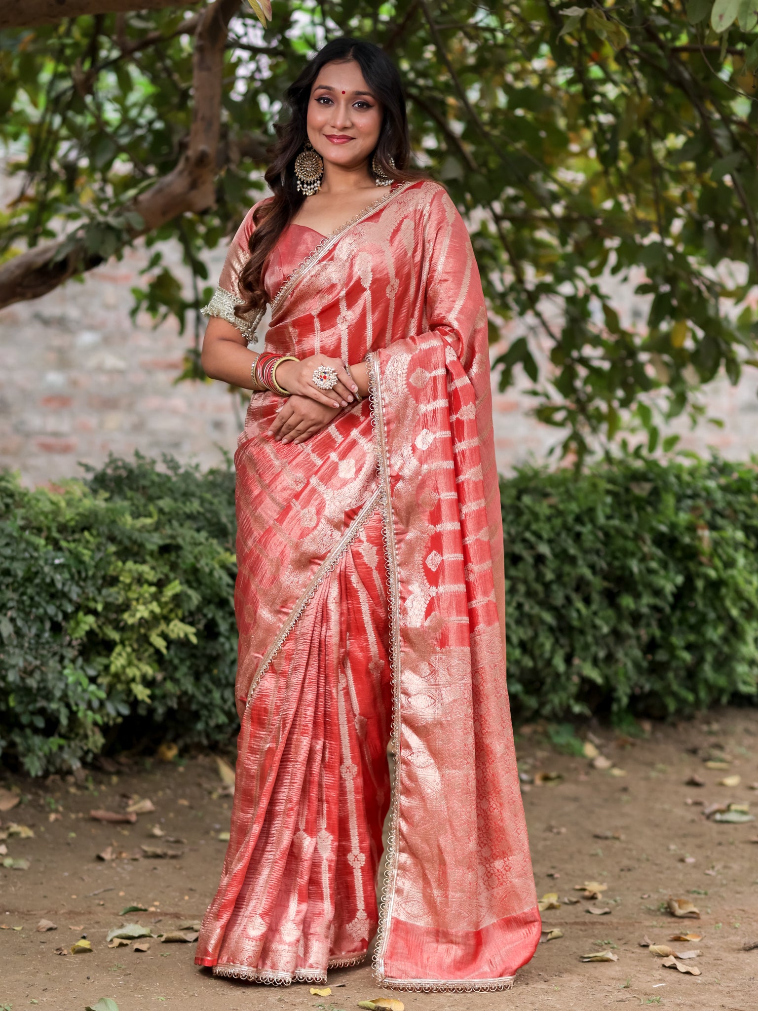 Banarasi Crushed Tissue Saree With Silver Zari Border & Lace- Red