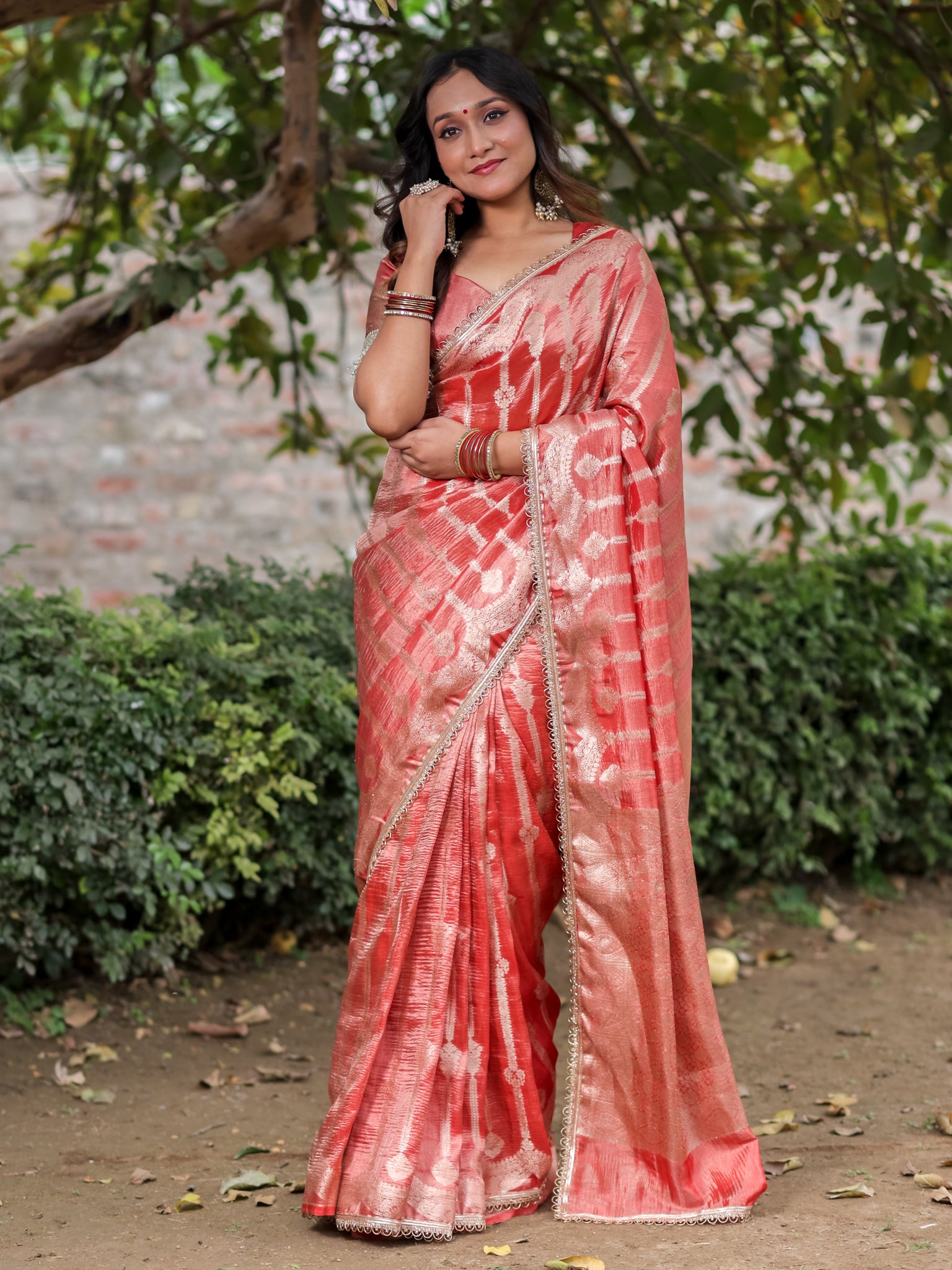 Banarasi Crushed Tissue Saree With Silver Zari Border & Lace- Red