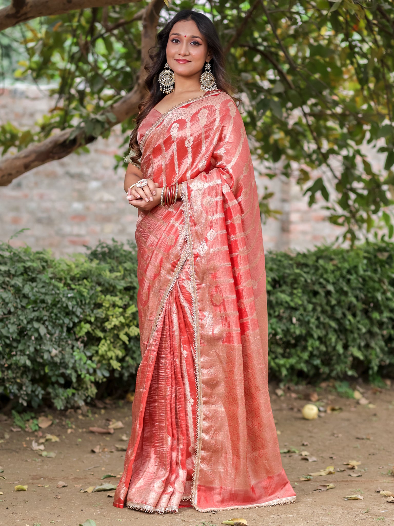 Banarasi Crushed Tissue Saree With Silver Zari Border & Lace- Red