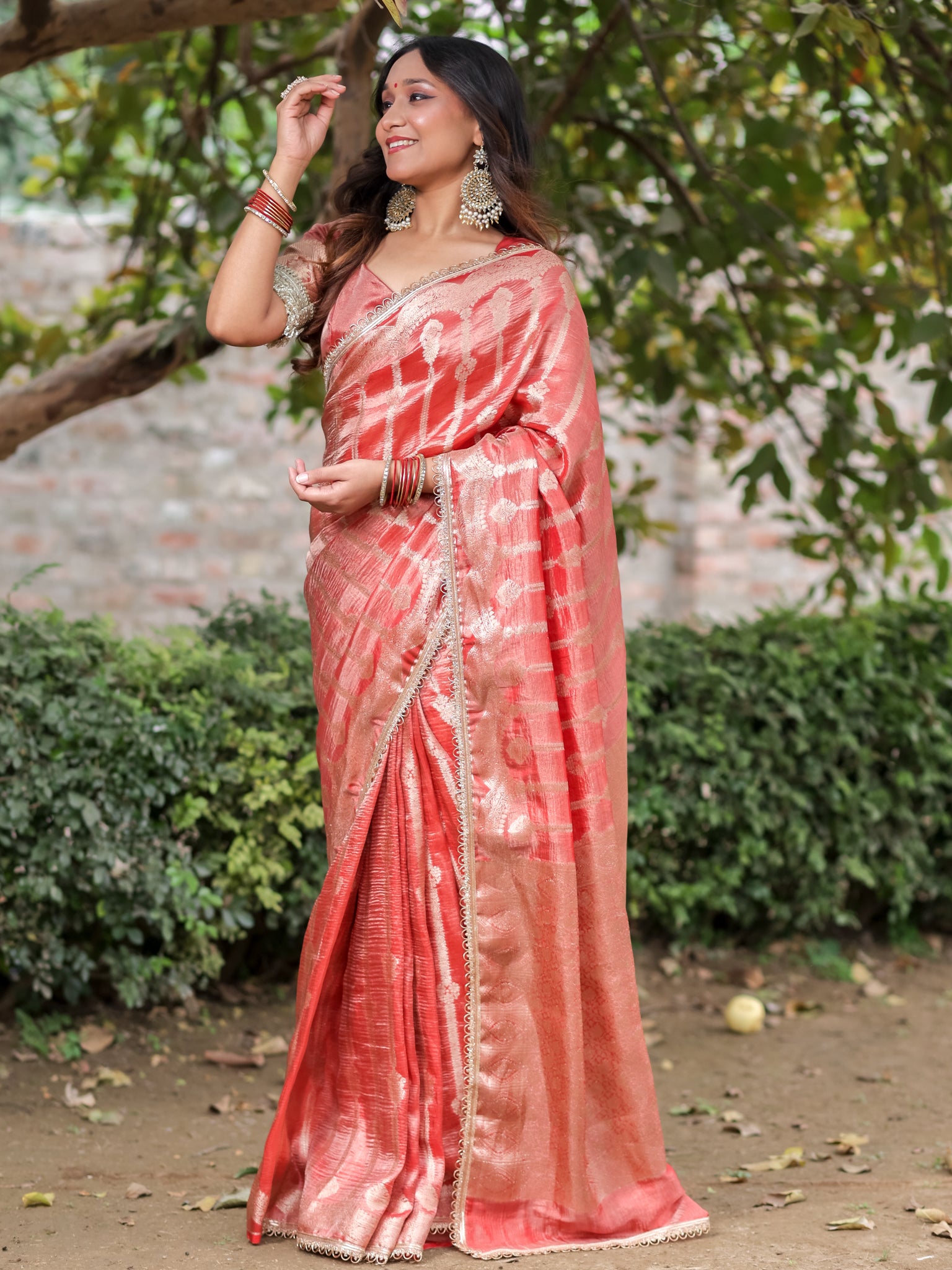 Banarasi Crushed Tissue Saree With Silver Zari Border & Lace- Red