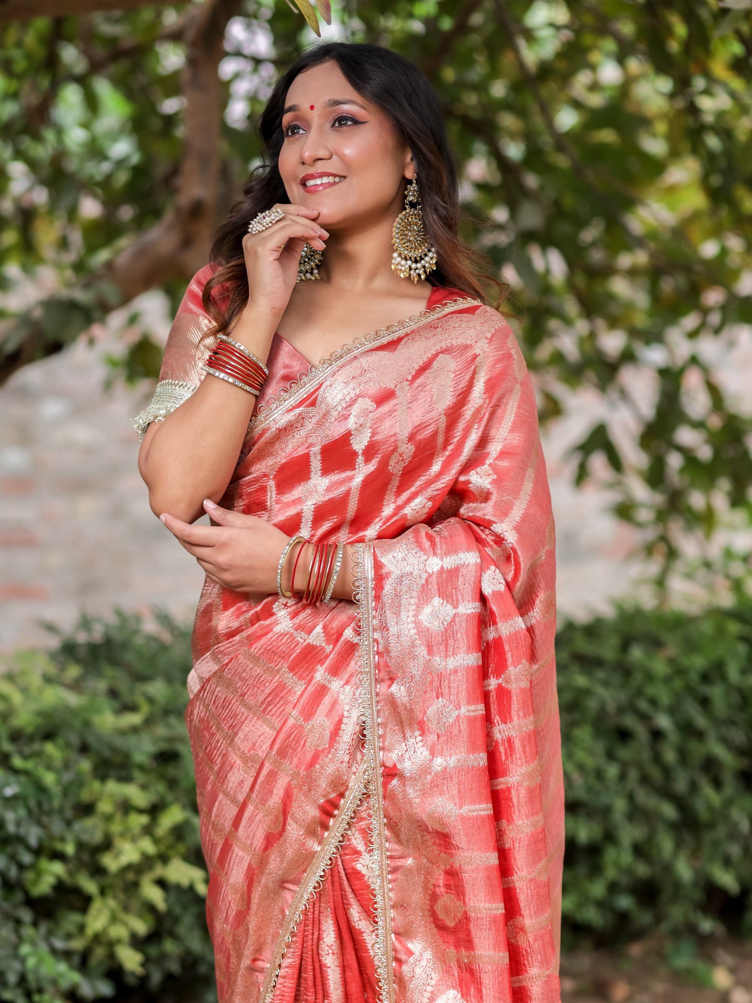 Banarasi Crushed Tissue Saree With Silver Zari Border & Lace- Red