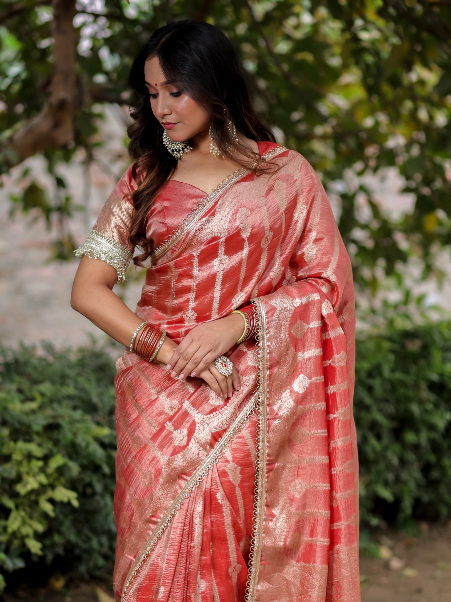 Banarasi Crushed Tissue Saree With Silver Zari Border & Lace- Red