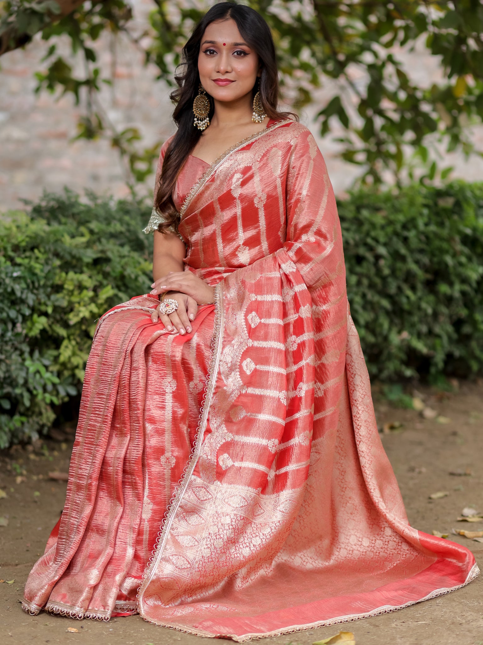 Banarasi Crushed Tissue Saree With Silver Zari Border & Lace- Red