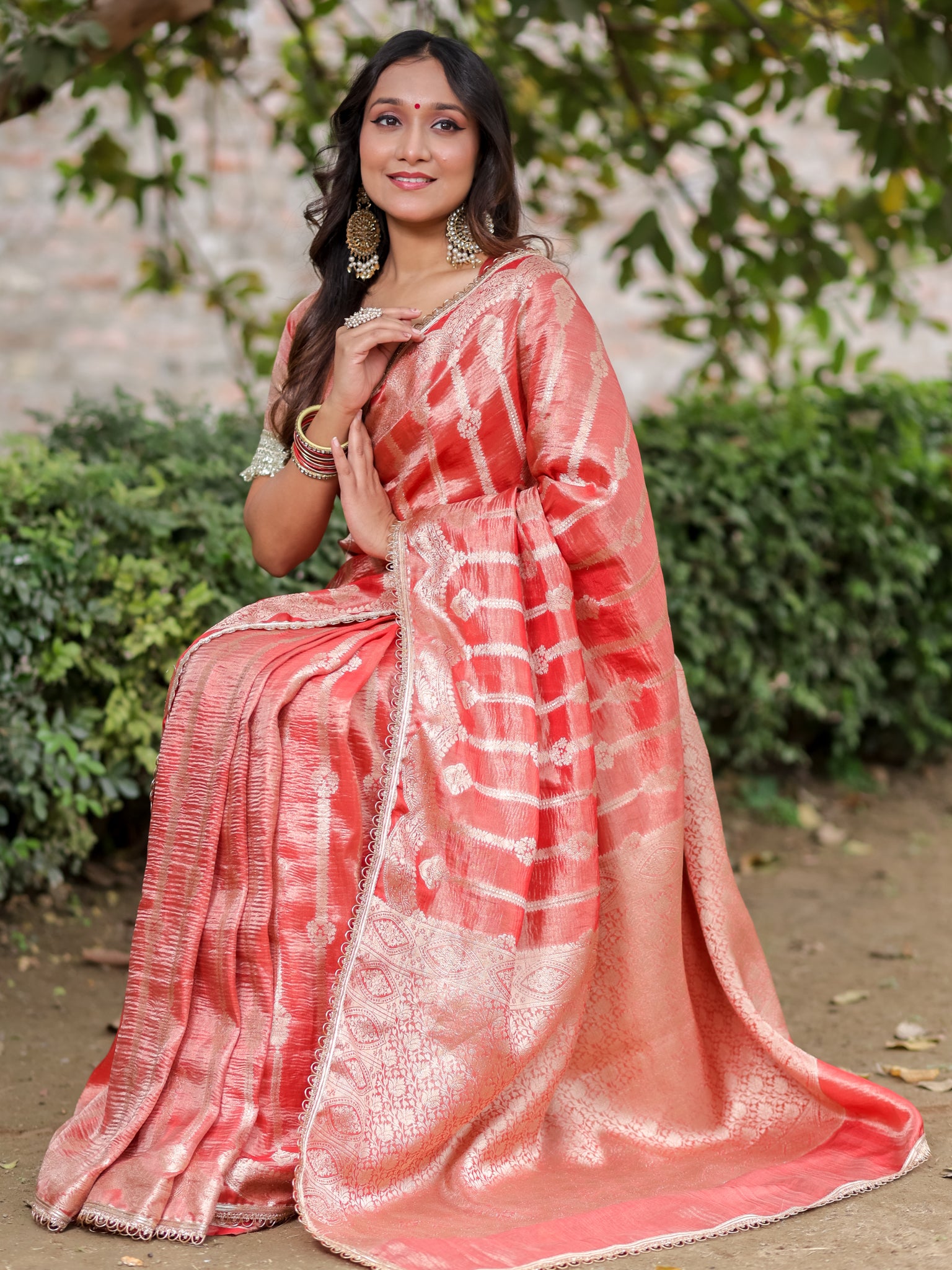 Banarasi Crushed Tissue Saree With Silver Zari Border & Lace- Red