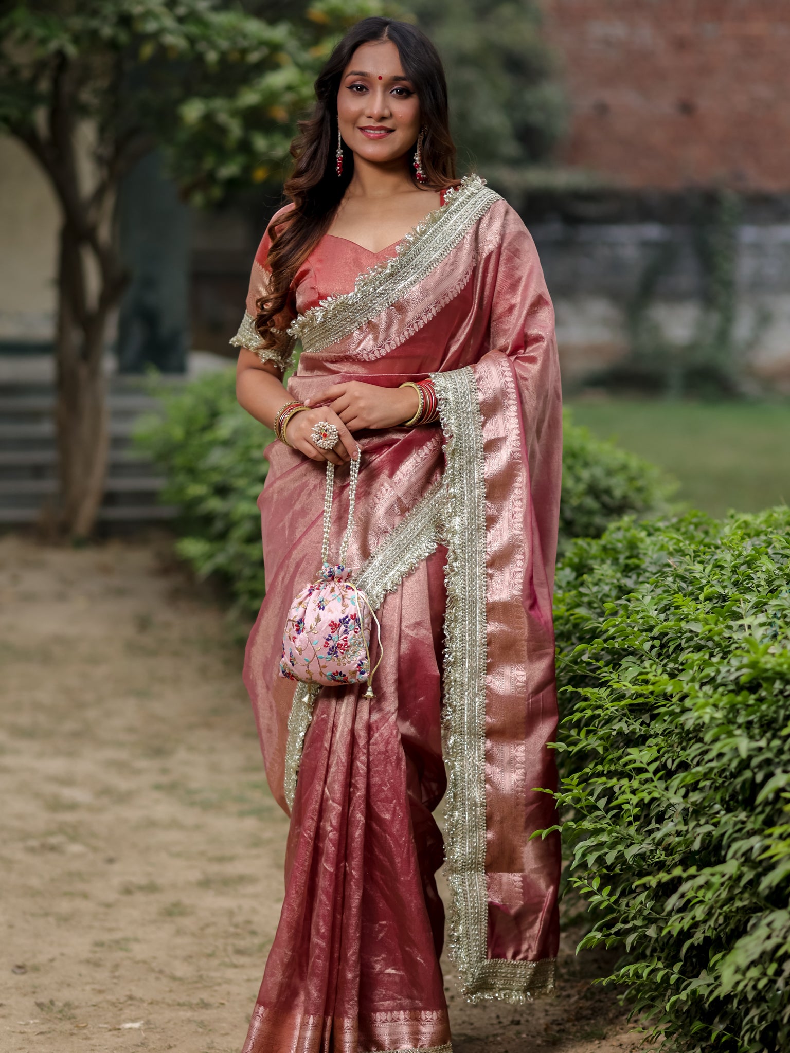 Banarasi Tissue Saree With Silver Zari Border & Lace- Pink