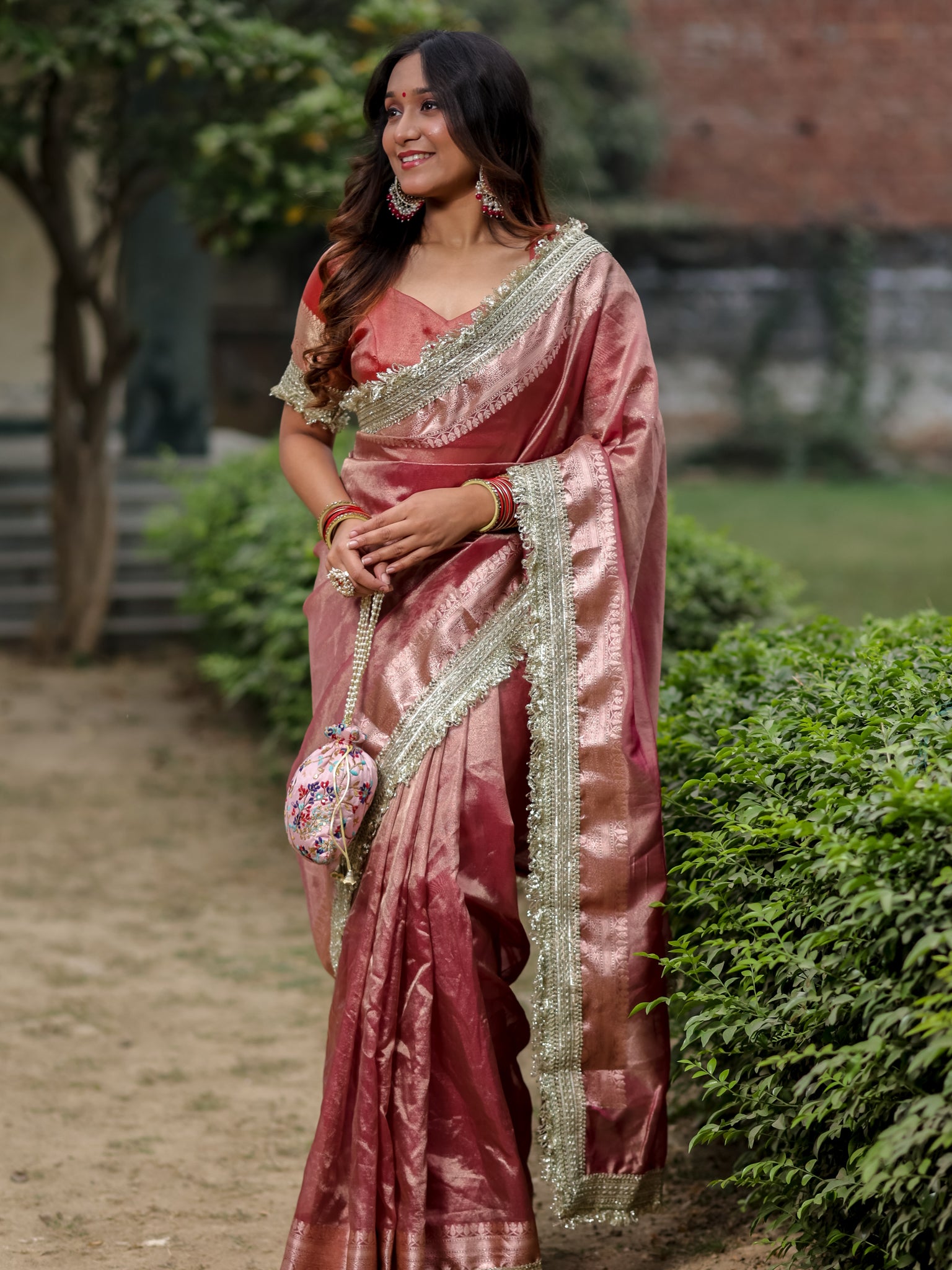 Banarasi Tissue Saree With Silver Zari Border & Lace- Pink