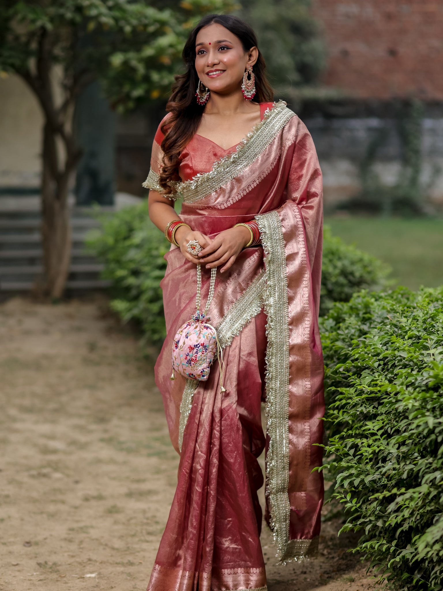 Banarasi Tissue Saree With Silver Zari Border & Lace- Pink