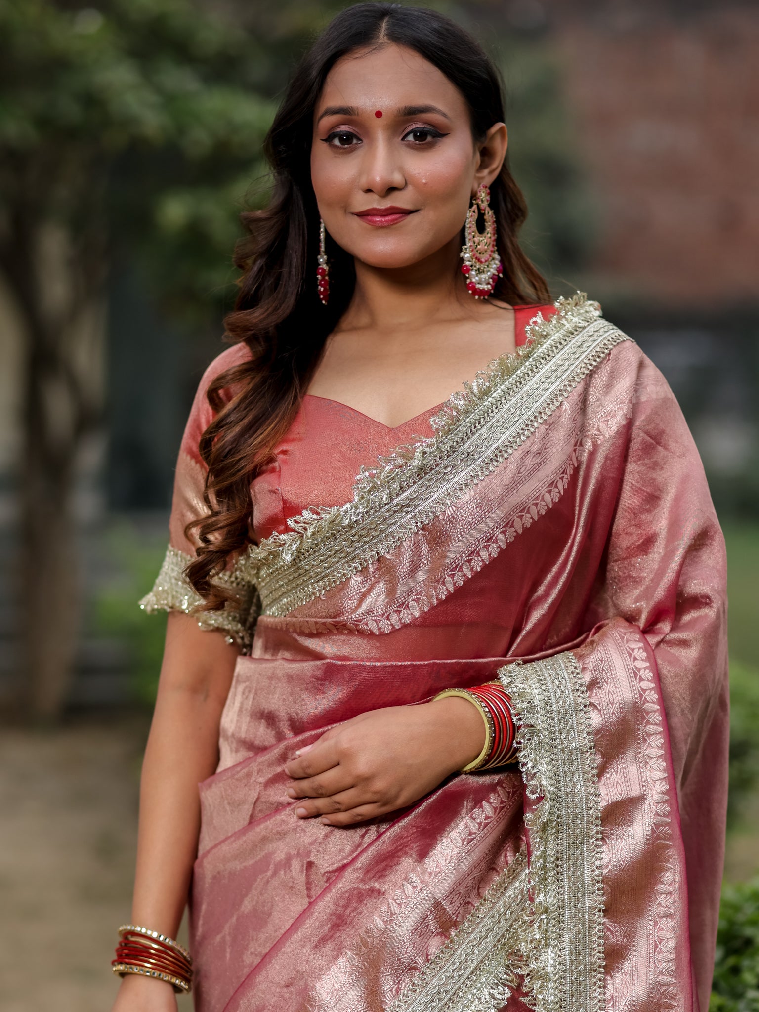 Banarasi Tissue Saree With Silver Zari Border & Lace- Pink