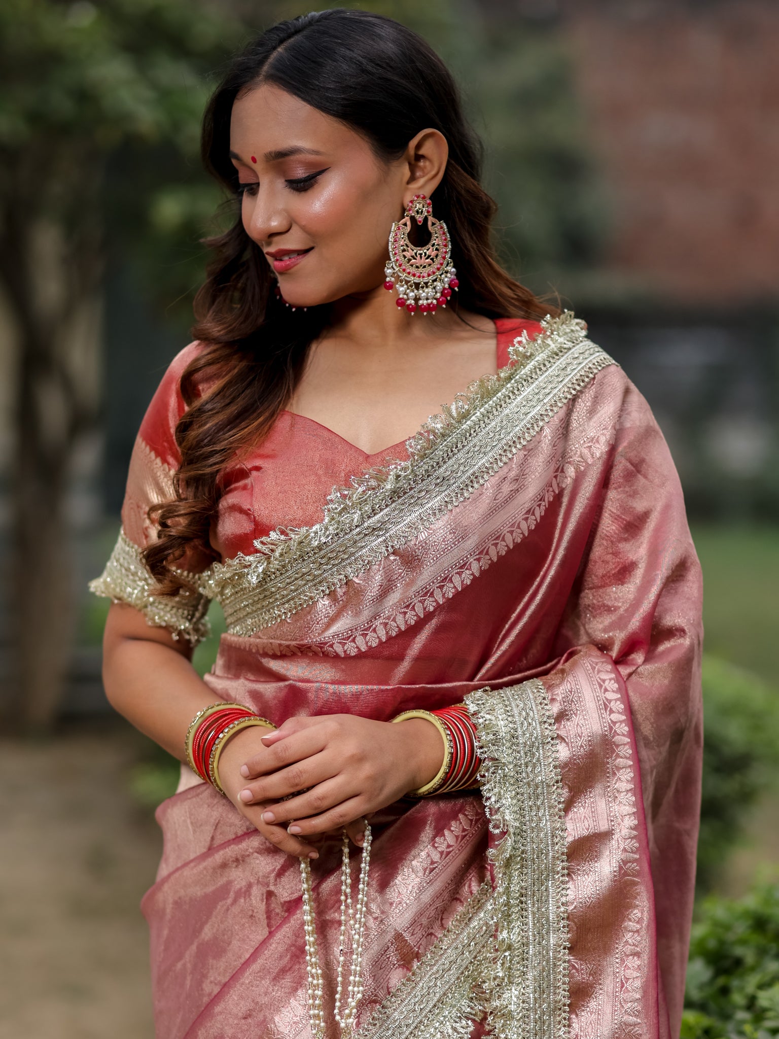 Banarasi Tissue Saree With Silver Zari Border & Lace- Pink