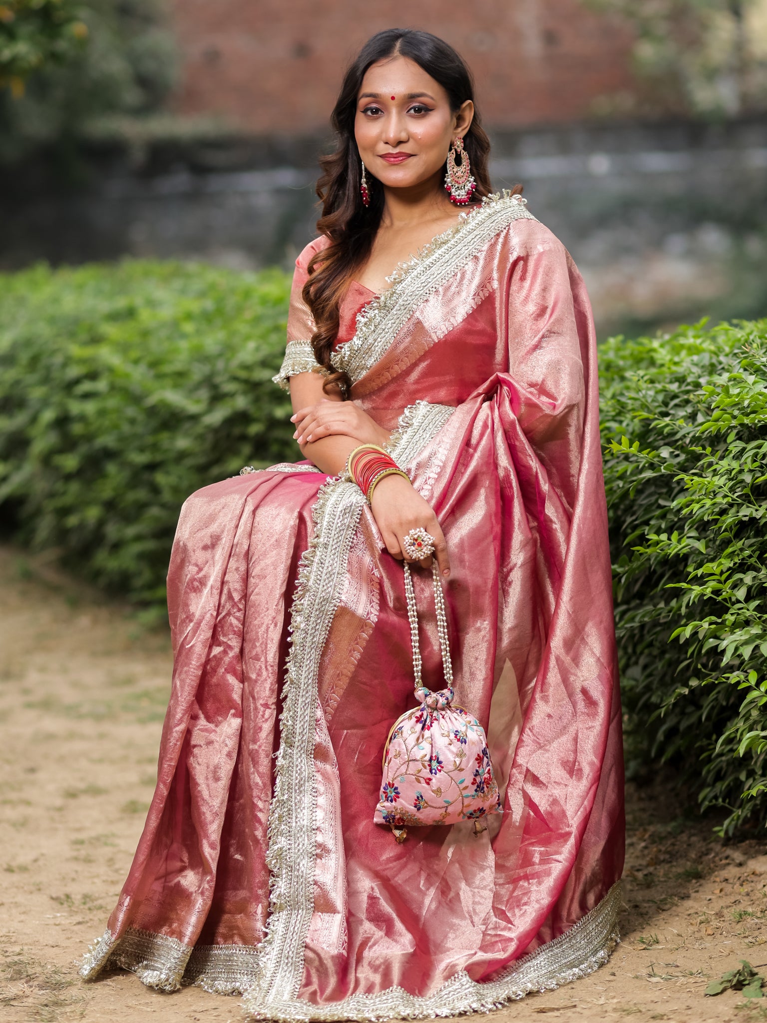 Banarasi Tissue Saree With Silver Zari Border & Lace- Pink