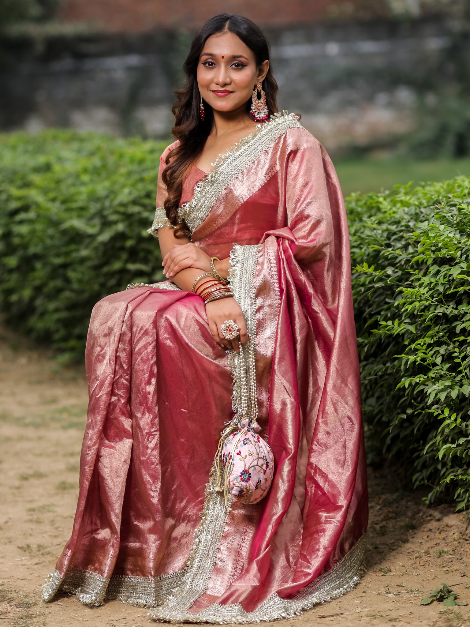 Banarasi Tissue Saree With Silver Zari Border & Lace- Pink