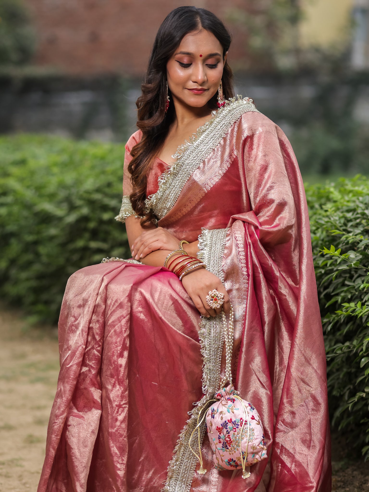 Banarasi Tissue Saree With Silver Zari Border & Lace- Pink