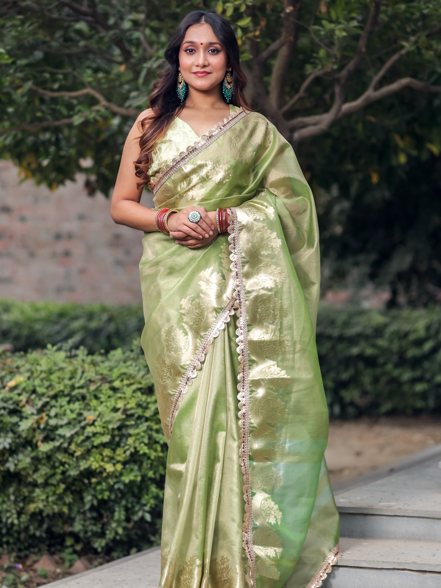 Banarasi Tissue Saree With Silver Zari & Border - Green