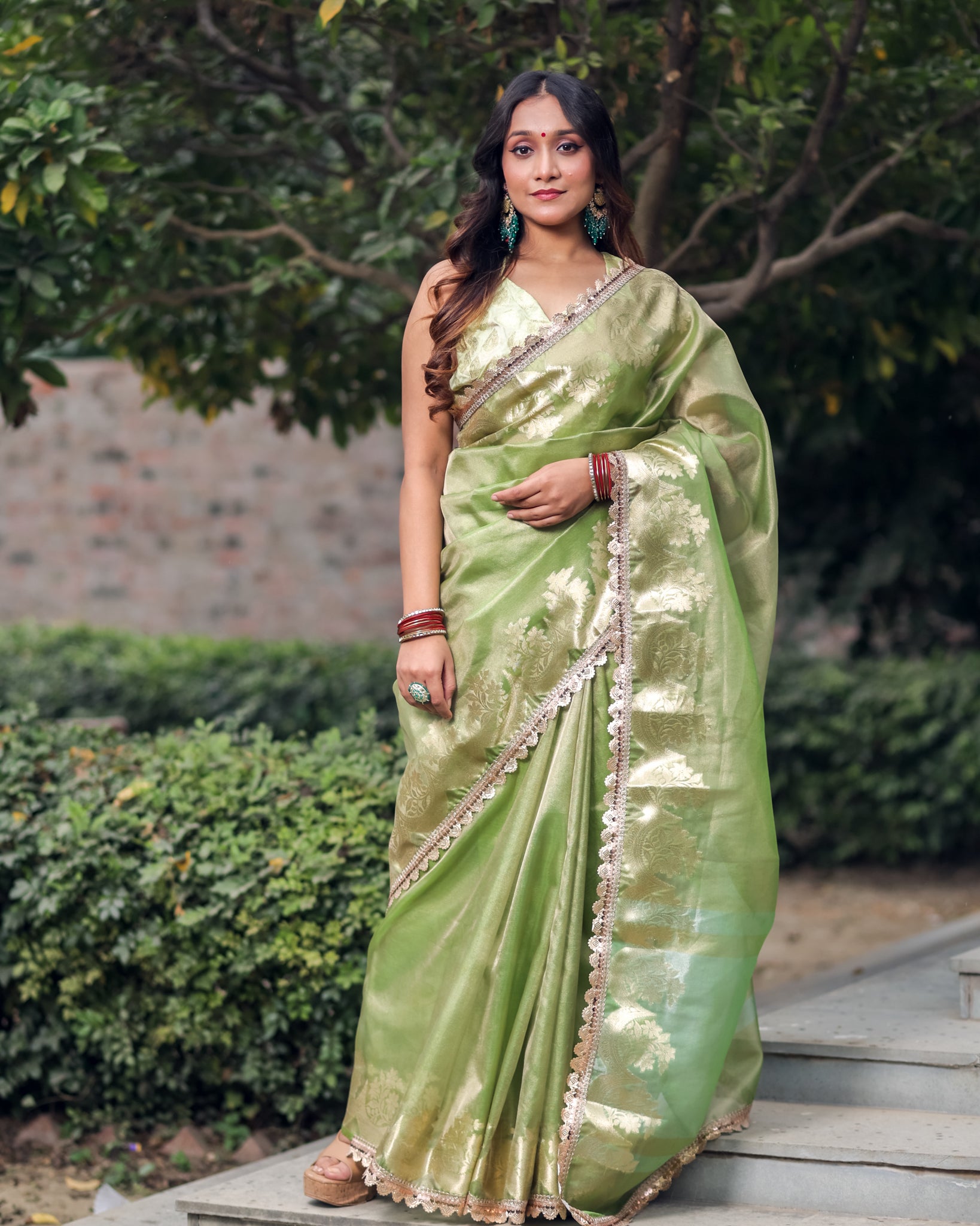 Banarasi Tissue Saree With Silver Zari & Border - Green