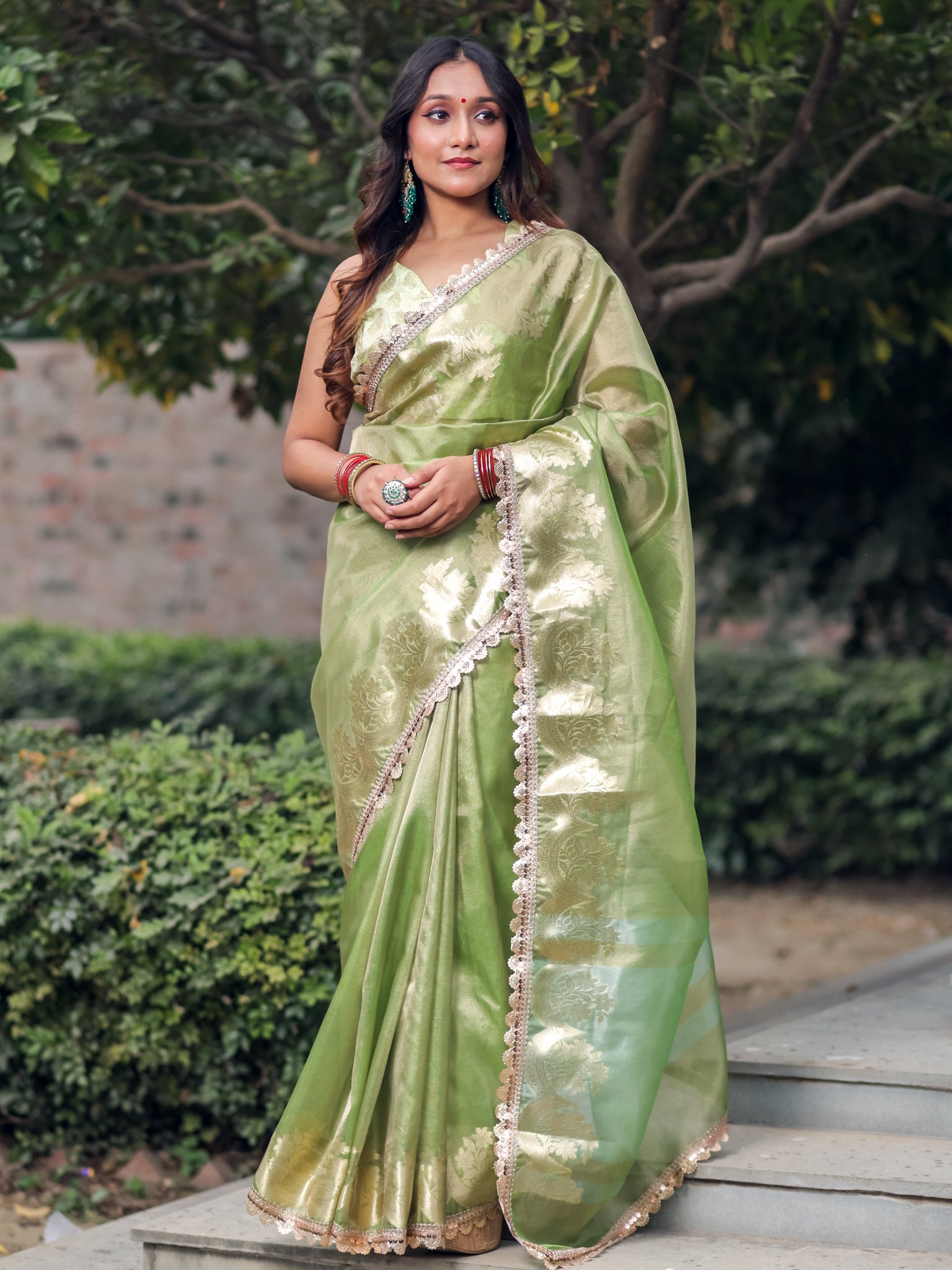 Banarasi Tissue Saree With Silver Zari & Border - Green