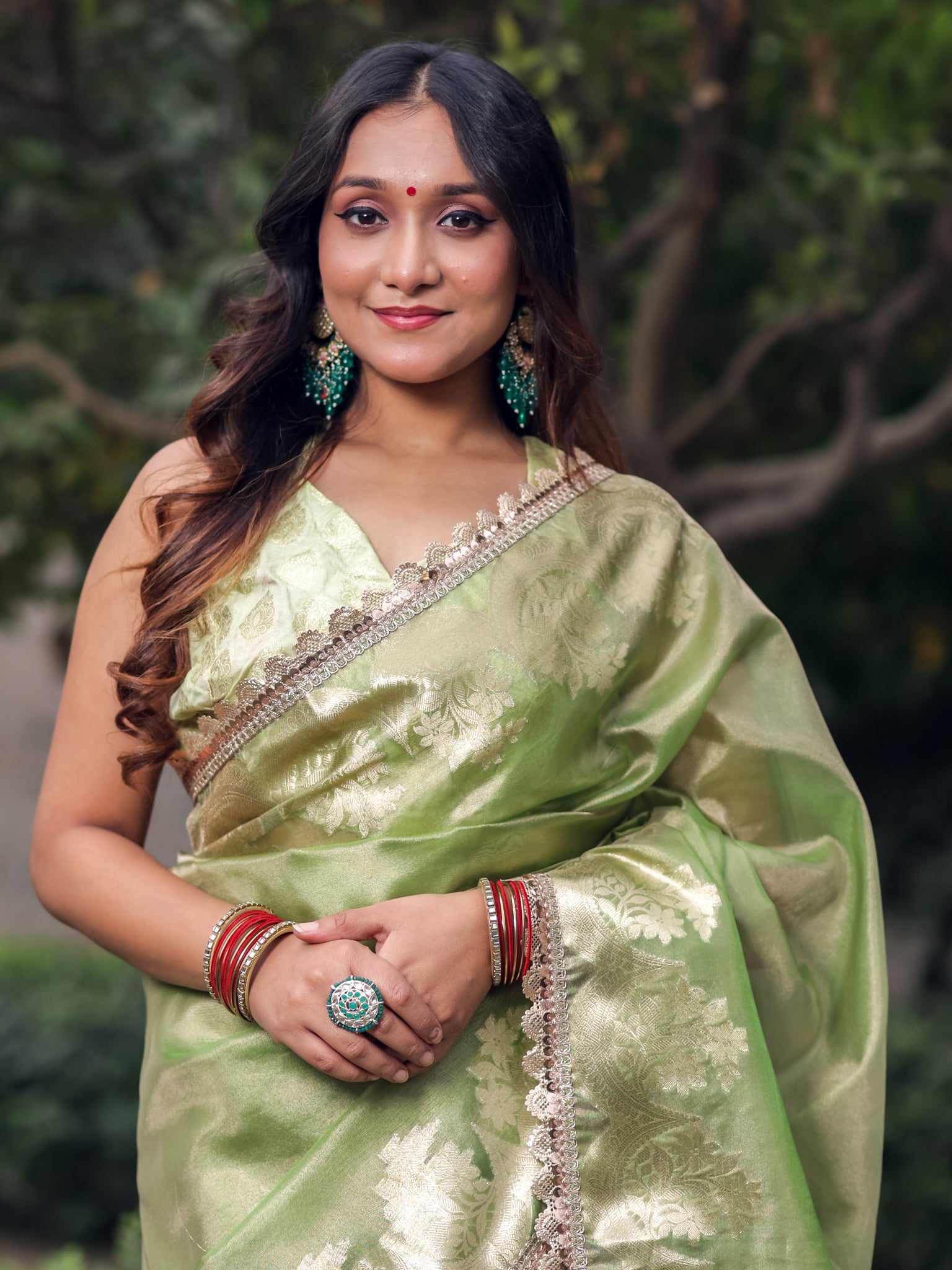 Banarasi Tissue Saree With Silver Zari & Border - Green