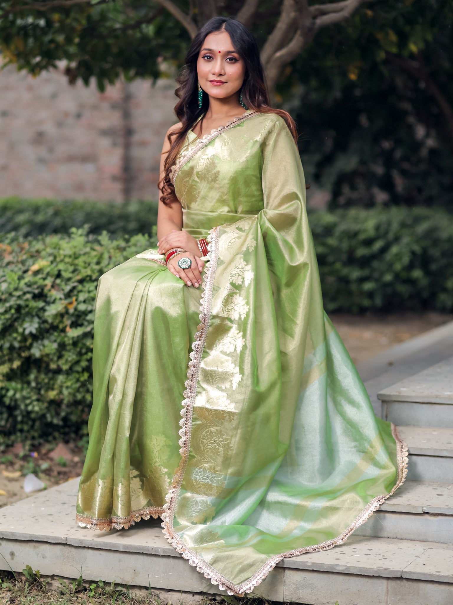 Banarasi Tissue Saree With Silver Zari & Border - Green