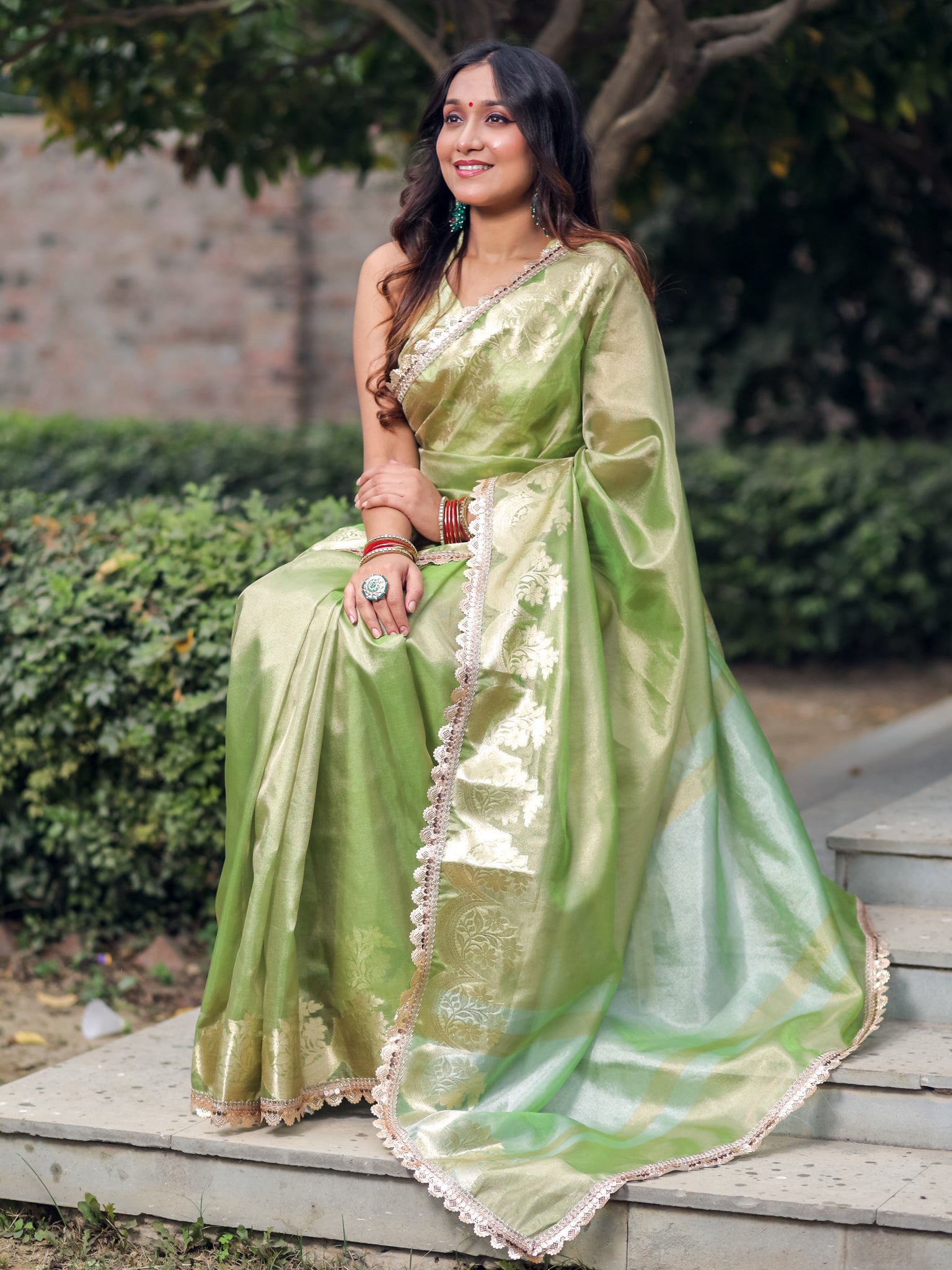 Banarasi Tissue Saree With Silver Zari & Border - Green