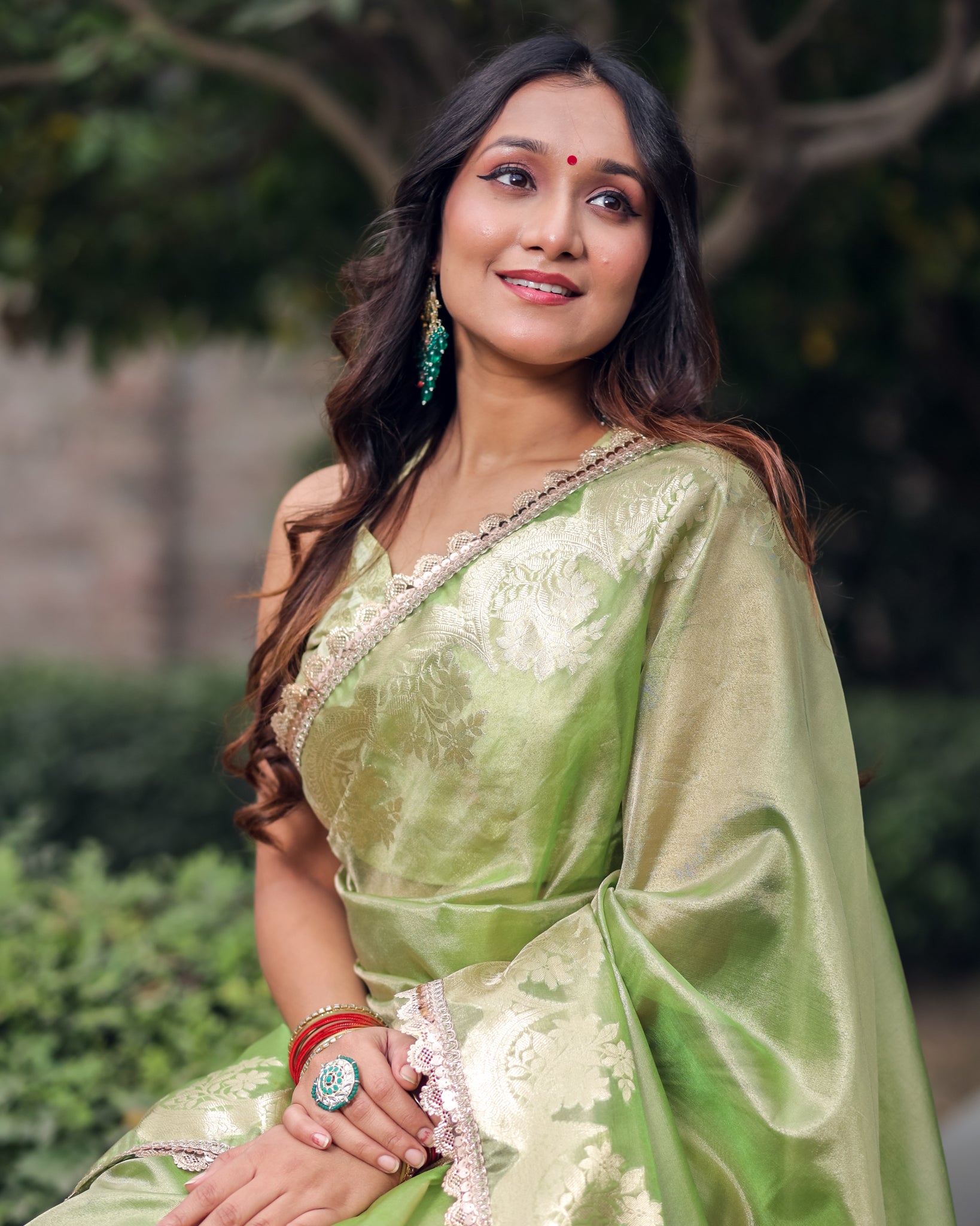 Banarasi Tissue Saree With Silver Zari & Border - Green