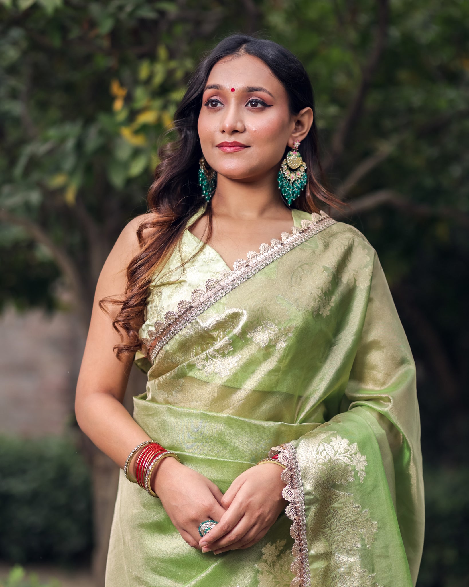 Banarasi Tissue Saree With Silver Zari & Border - Green